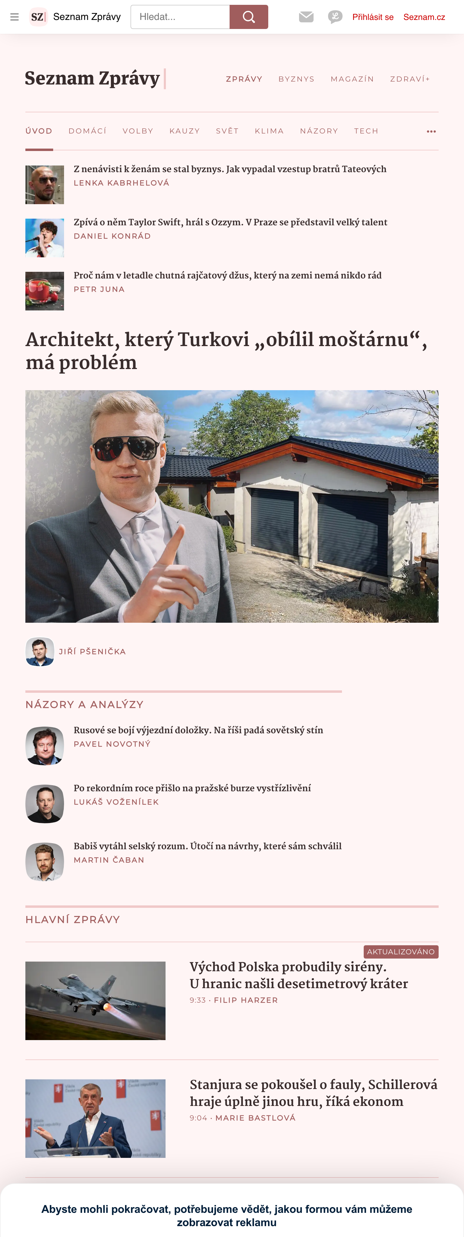 Screenshot of the Seznam Zprávy front page