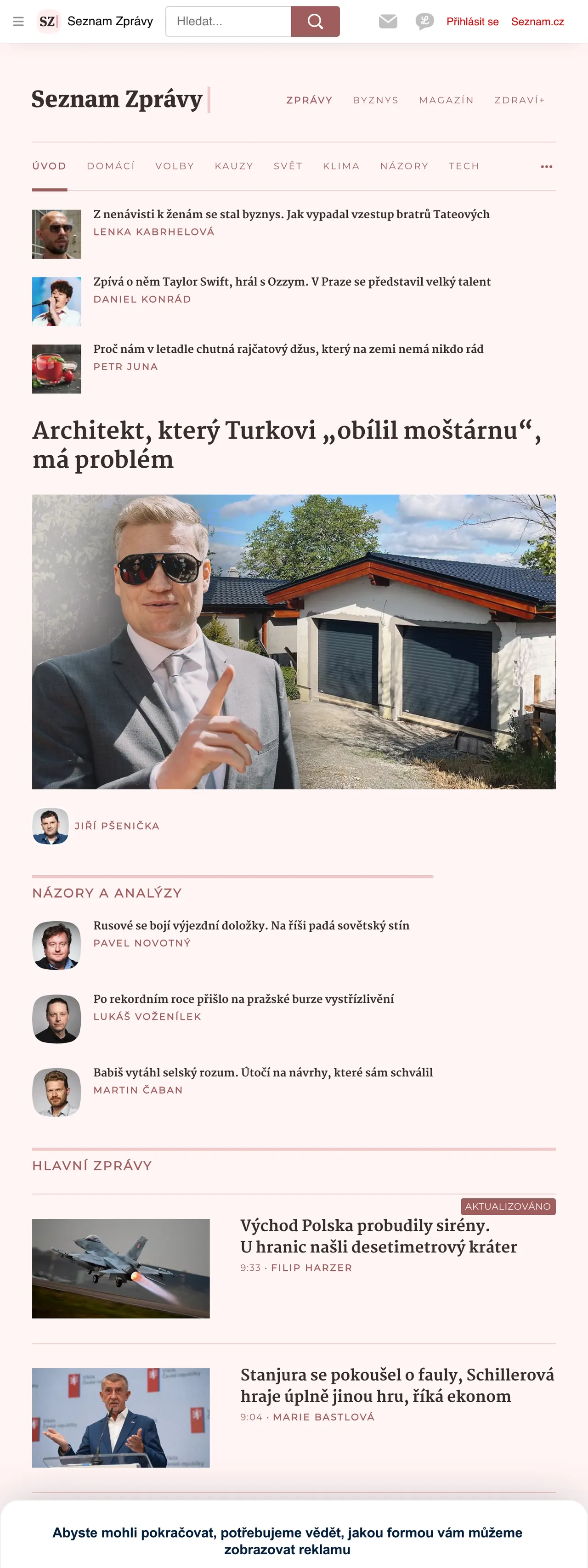 Screenshot of the Seznam Zprávy front page