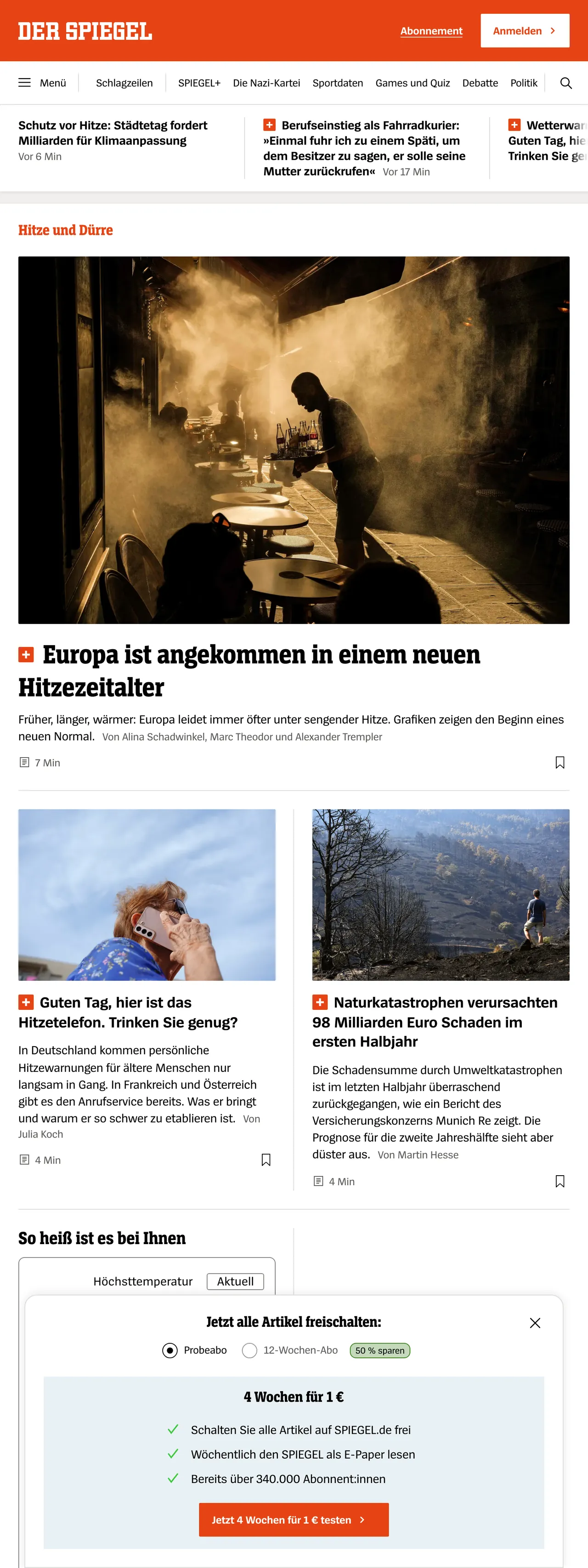 Screenshot of the DER SPIEGEL front page
