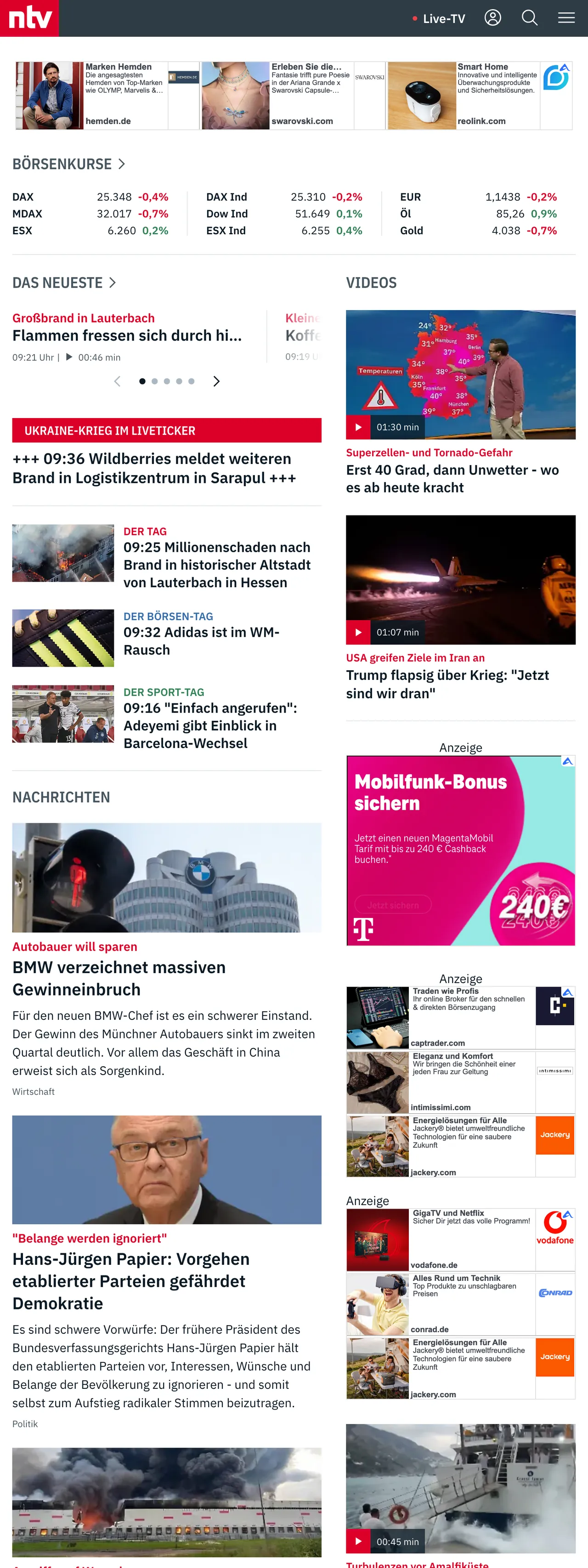 Screenshot of the n-tv front page