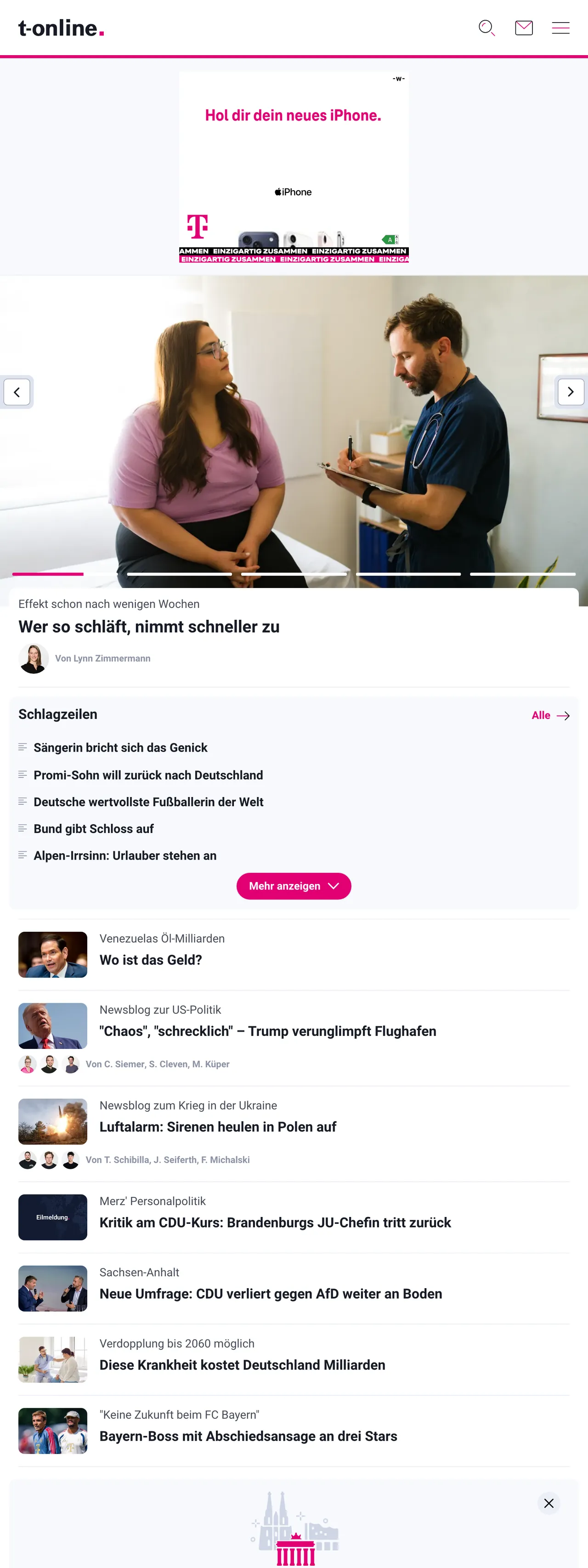 Screenshot of the t-online front page