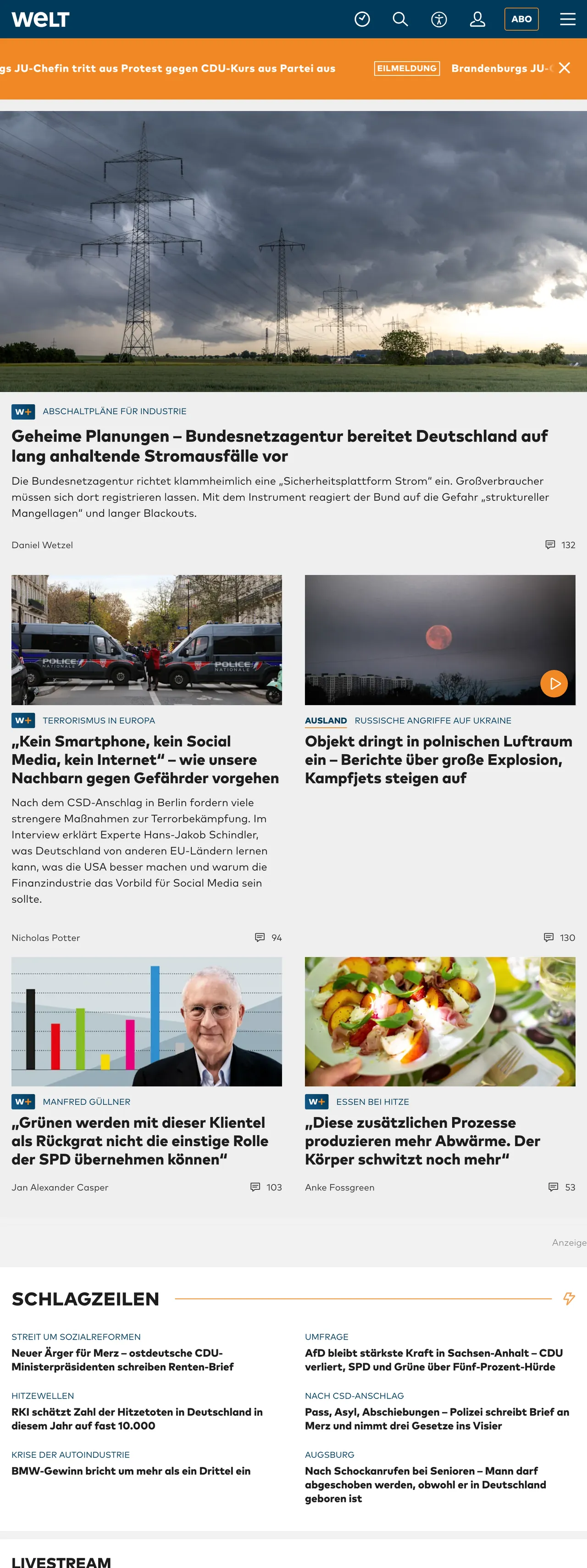 Screenshot of the WELT front page