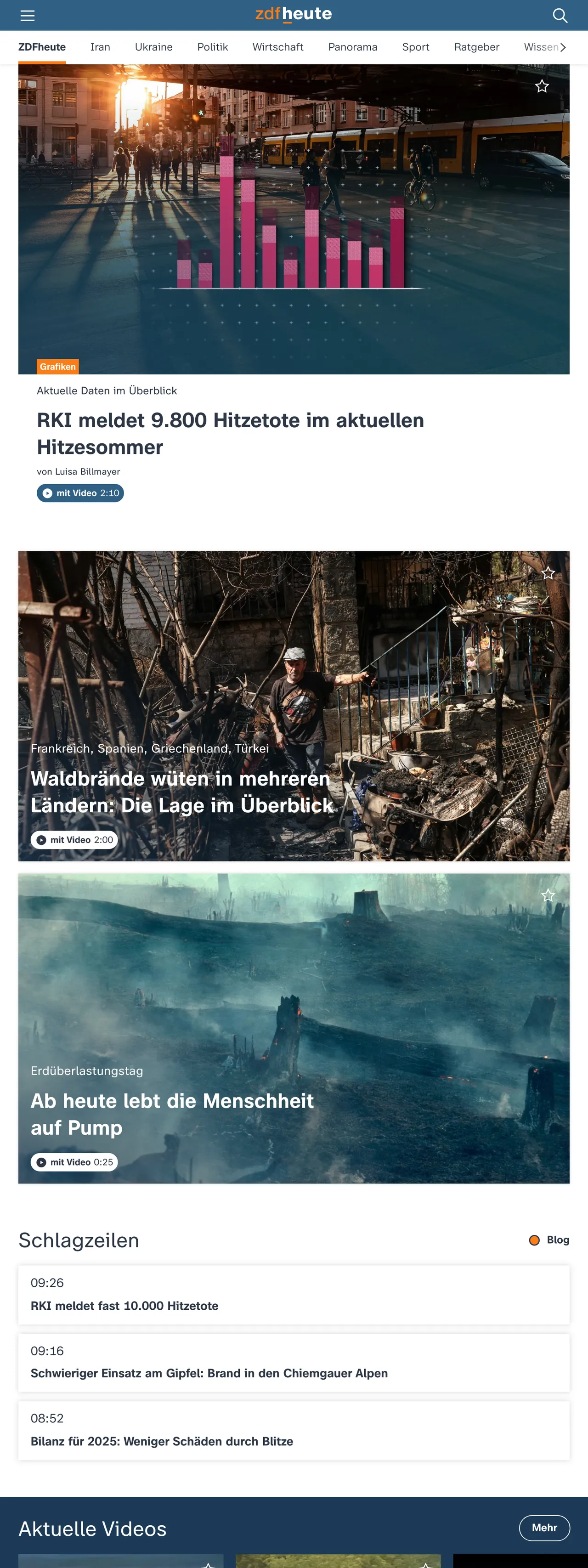Screenshot of the ZDFheute front page
