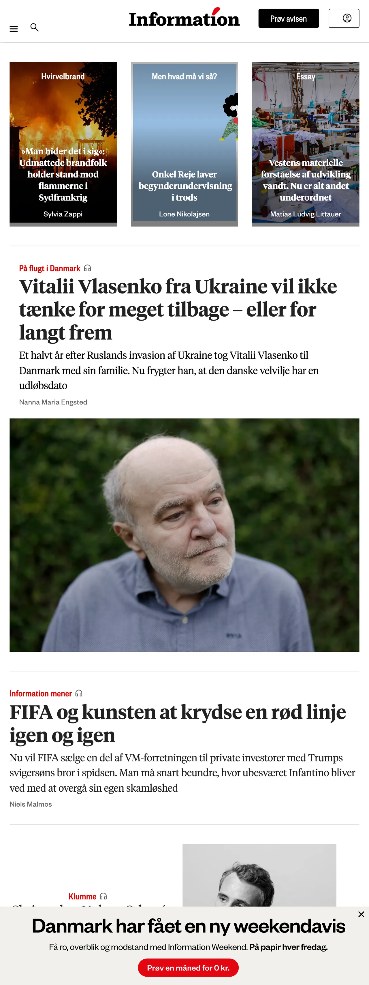 Screenshot of the Information front page