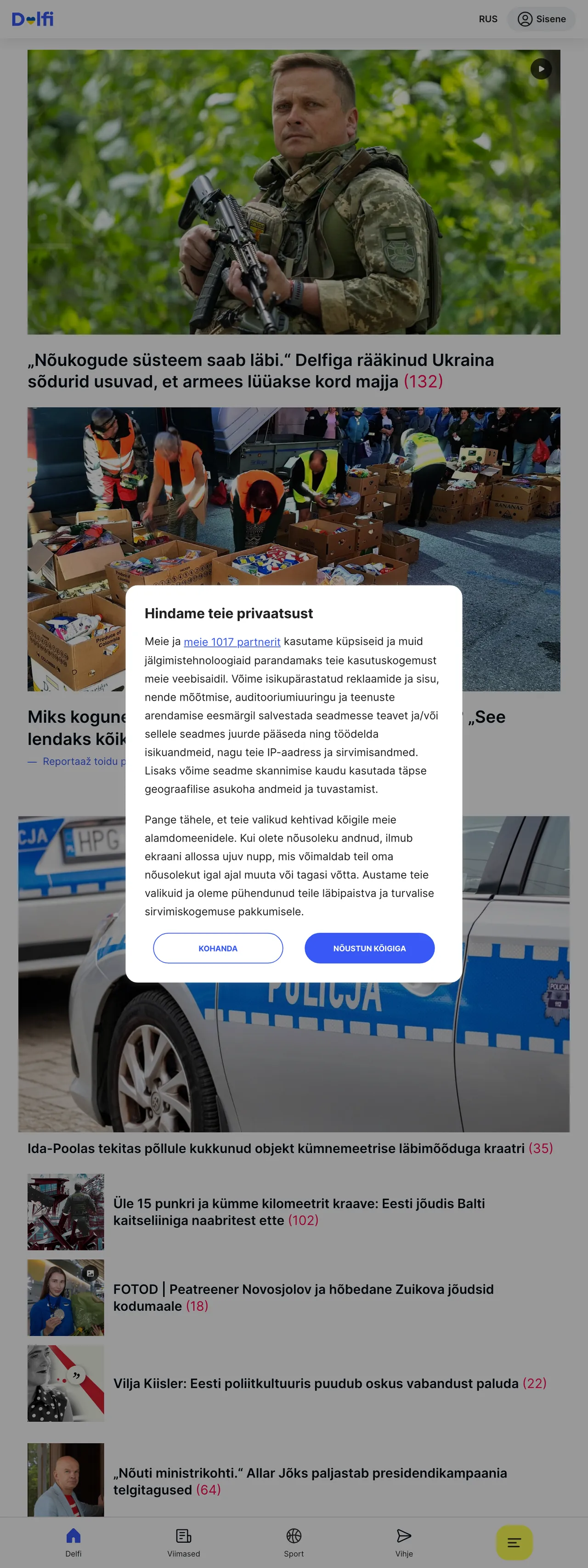 Screenshot of the Delfi front page