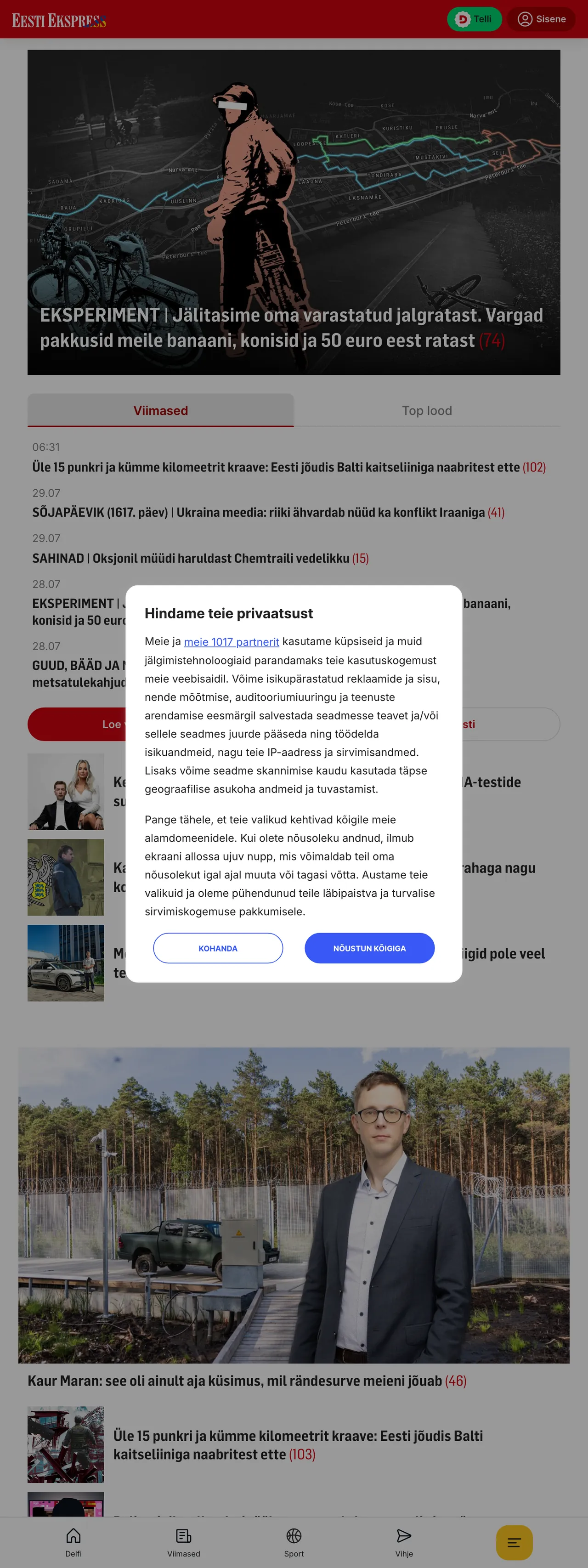 Screenshot of the Eesti Ekspress front page