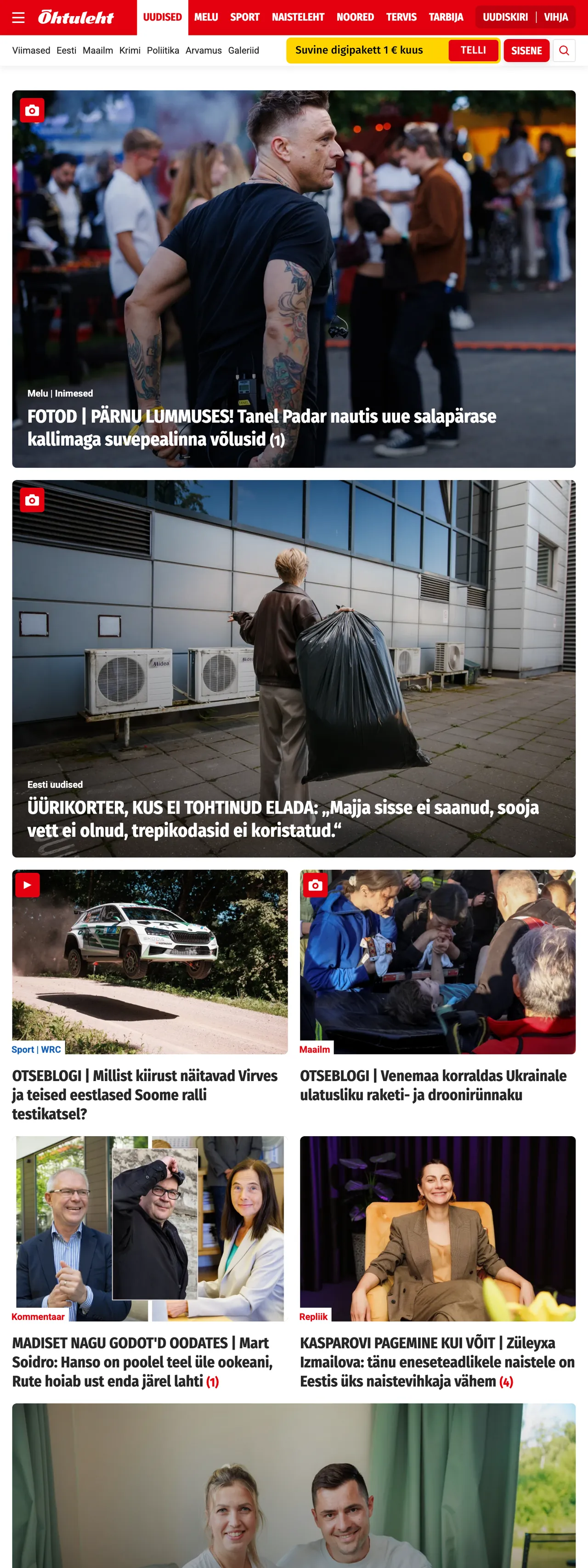 Screenshot of the Õhtuleht front page