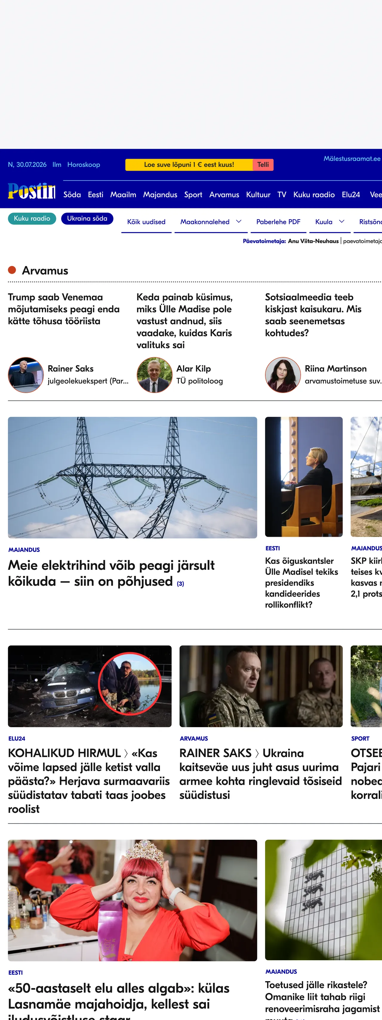 Screenshot of the Postimees front page