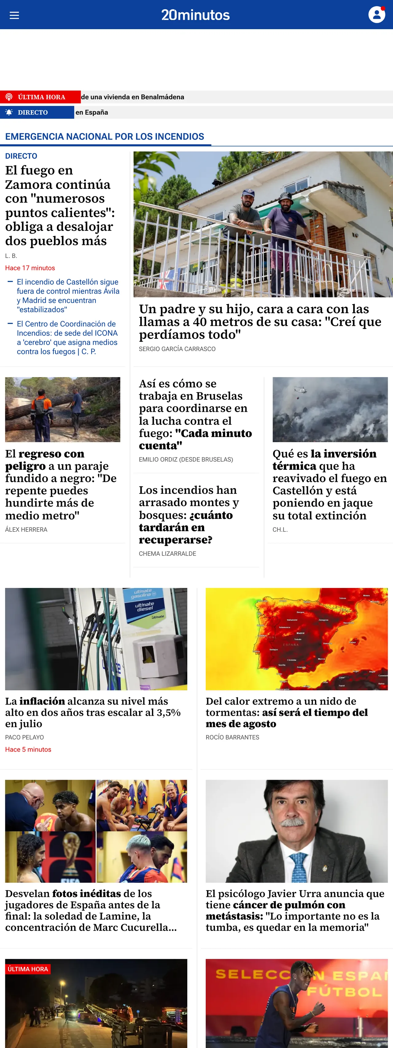 Screenshot of the 20minutos front page