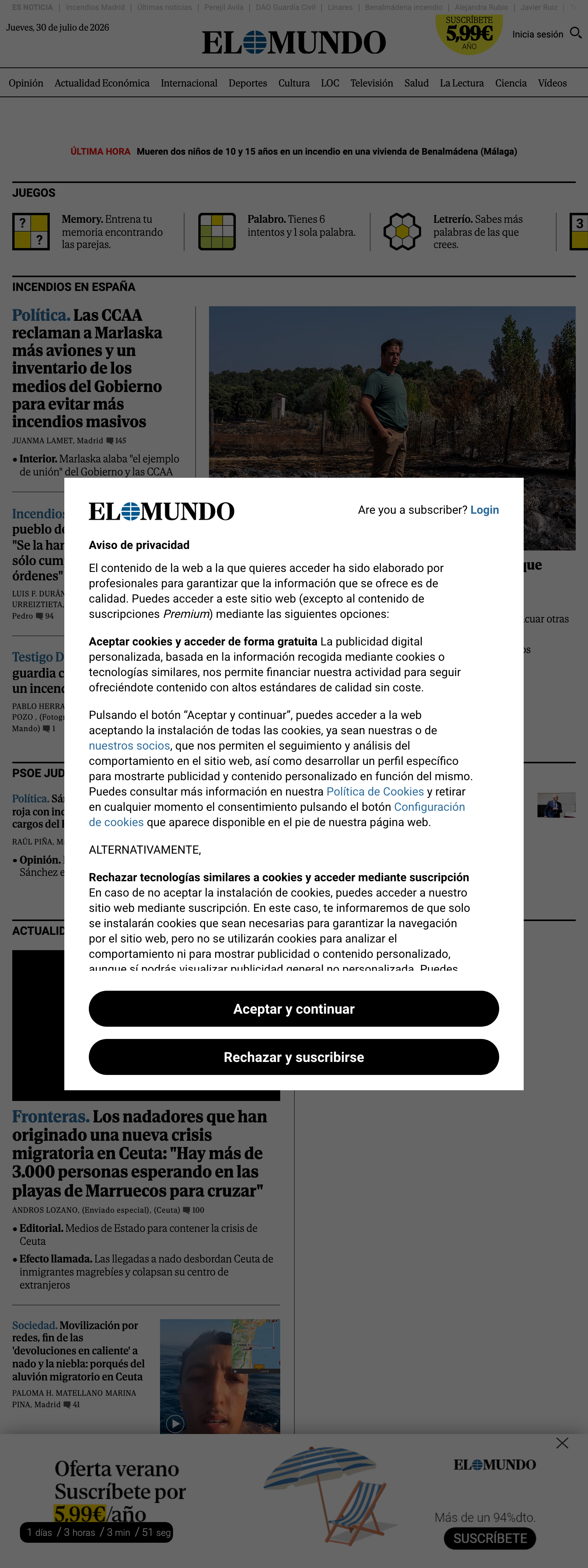 Screenshot of the El Mundo front page