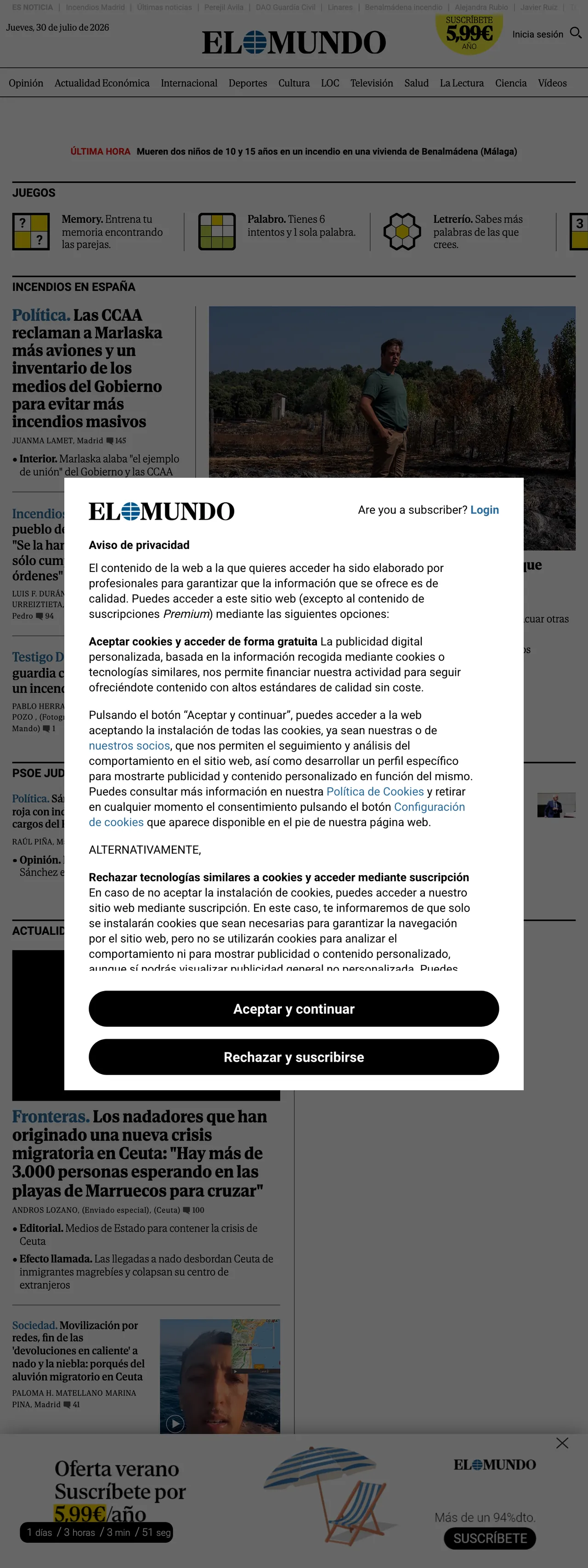 Screenshot of the El Mundo front page
