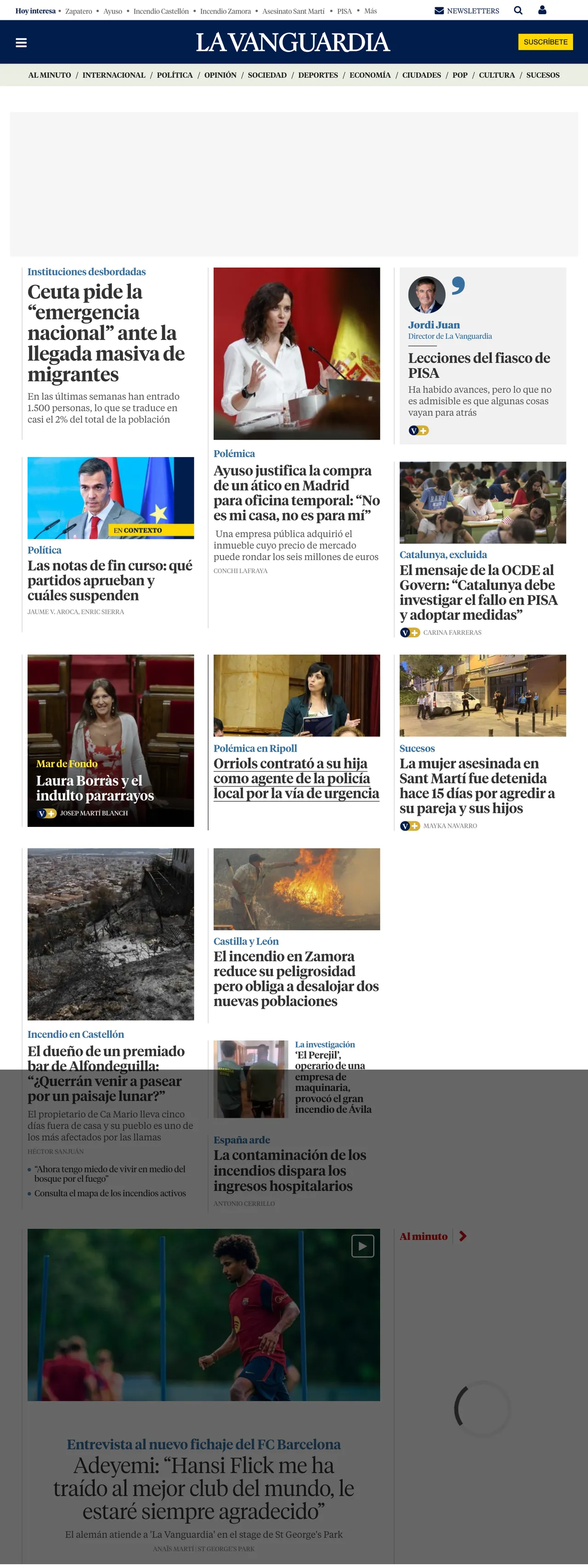 Screenshot of the La Vanguardia front page