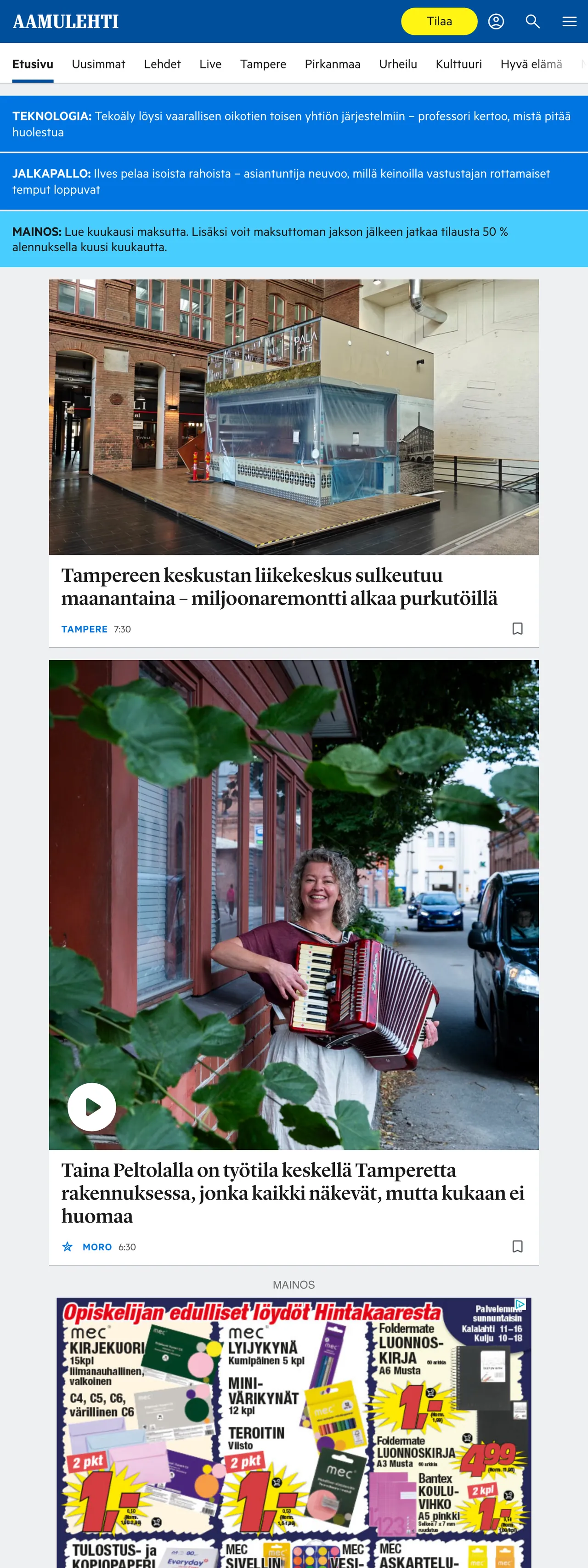 Screenshot of the Aamulehti front page