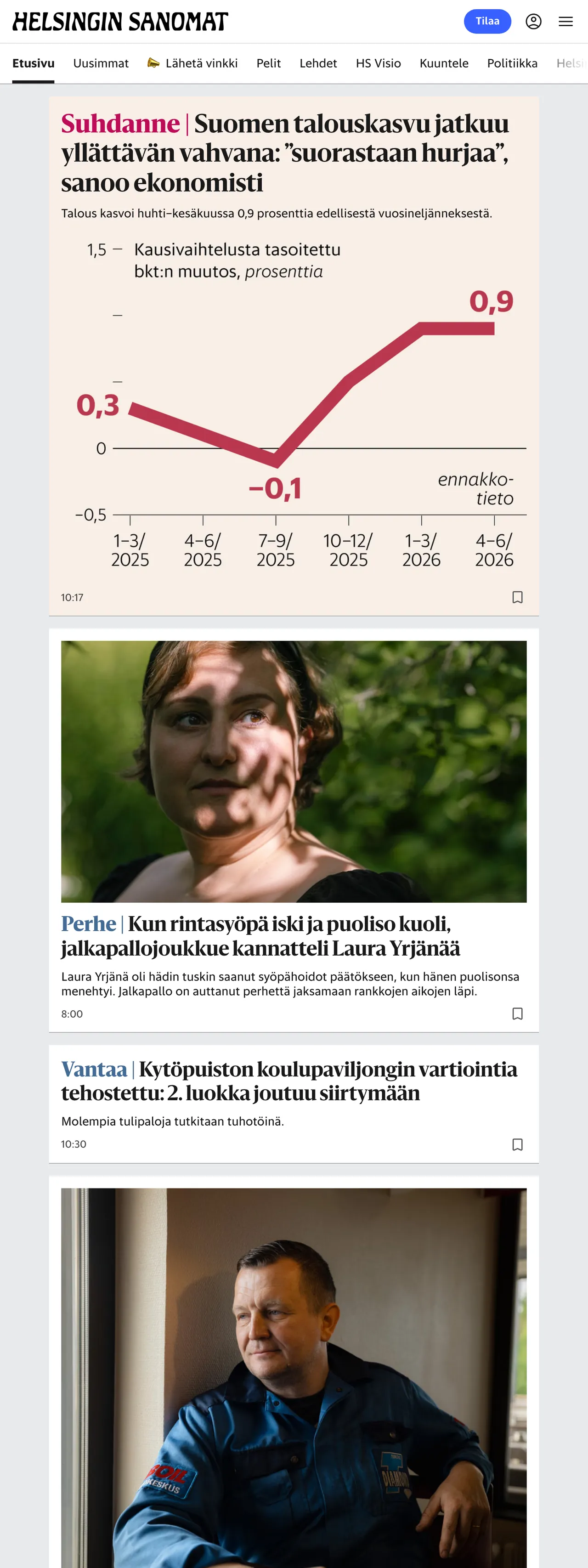Screenshot of the Helsingin Sanomat front page