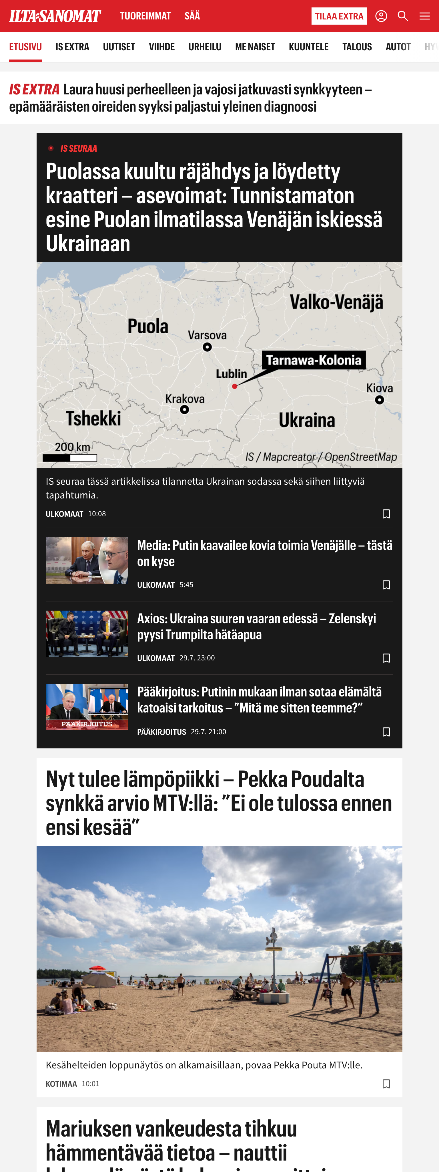 Screenshot of the Ilta-Sanomat front page