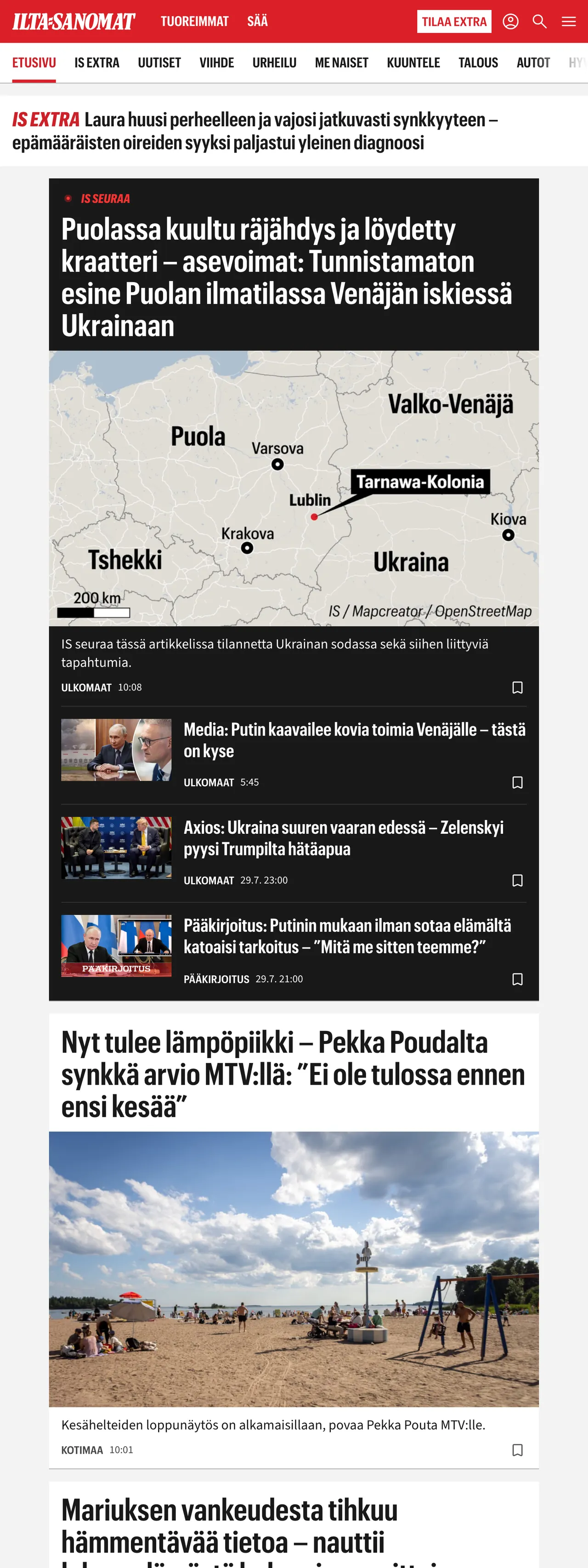 Screenshot of the Ilta-Sanomat front page