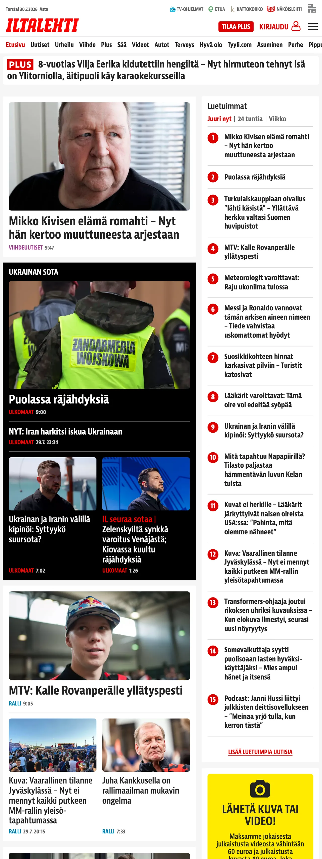 Screenshot of the Iltalehti front page