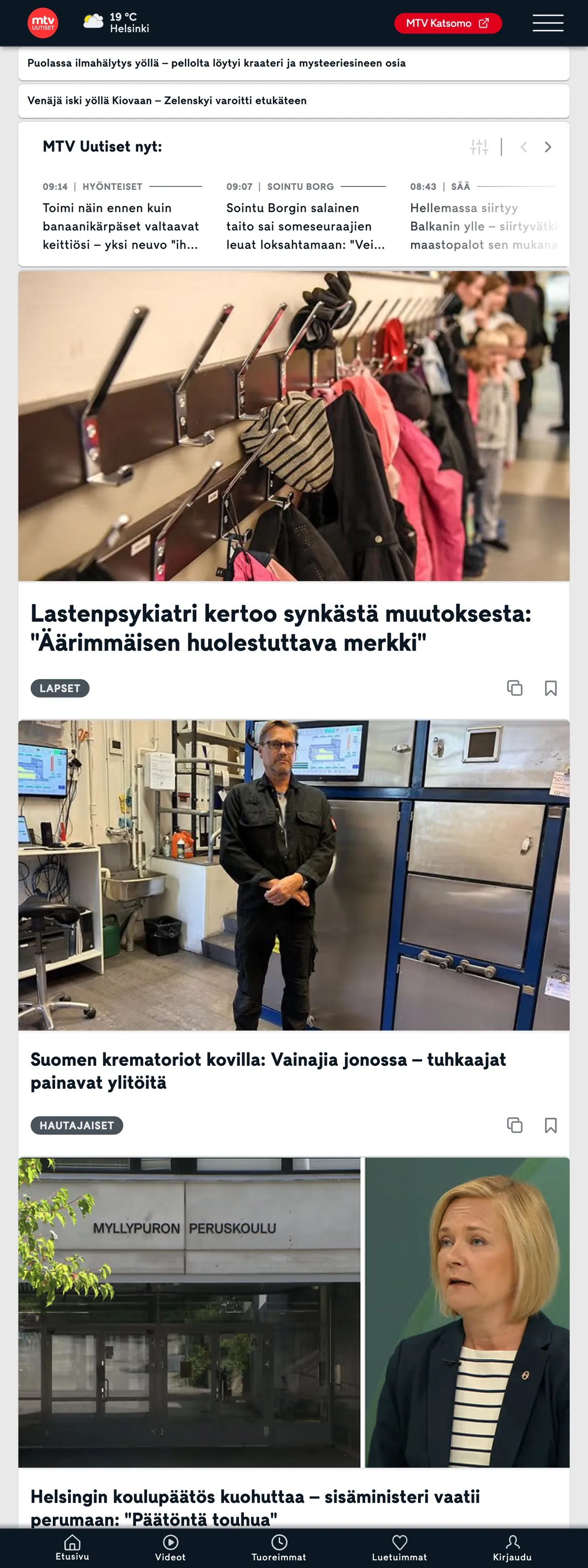 Screenshot of the MTV Uutiset front page