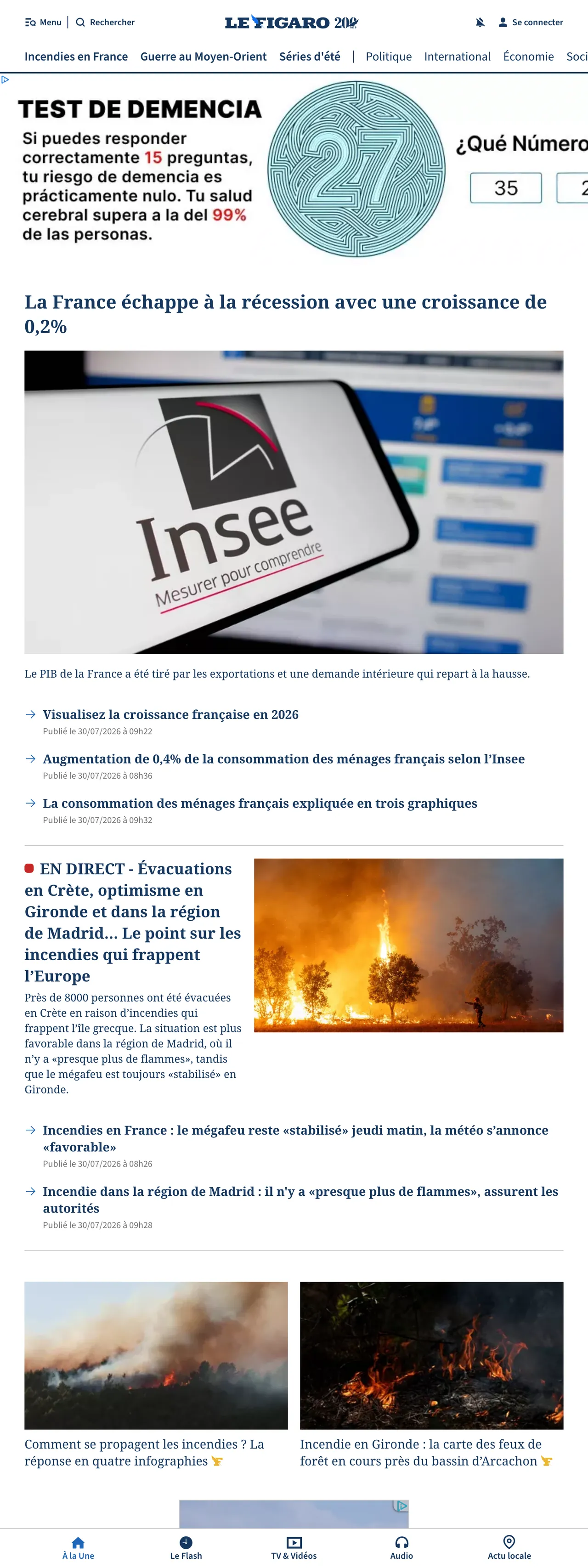 Screenshot of the Le Figaro front page