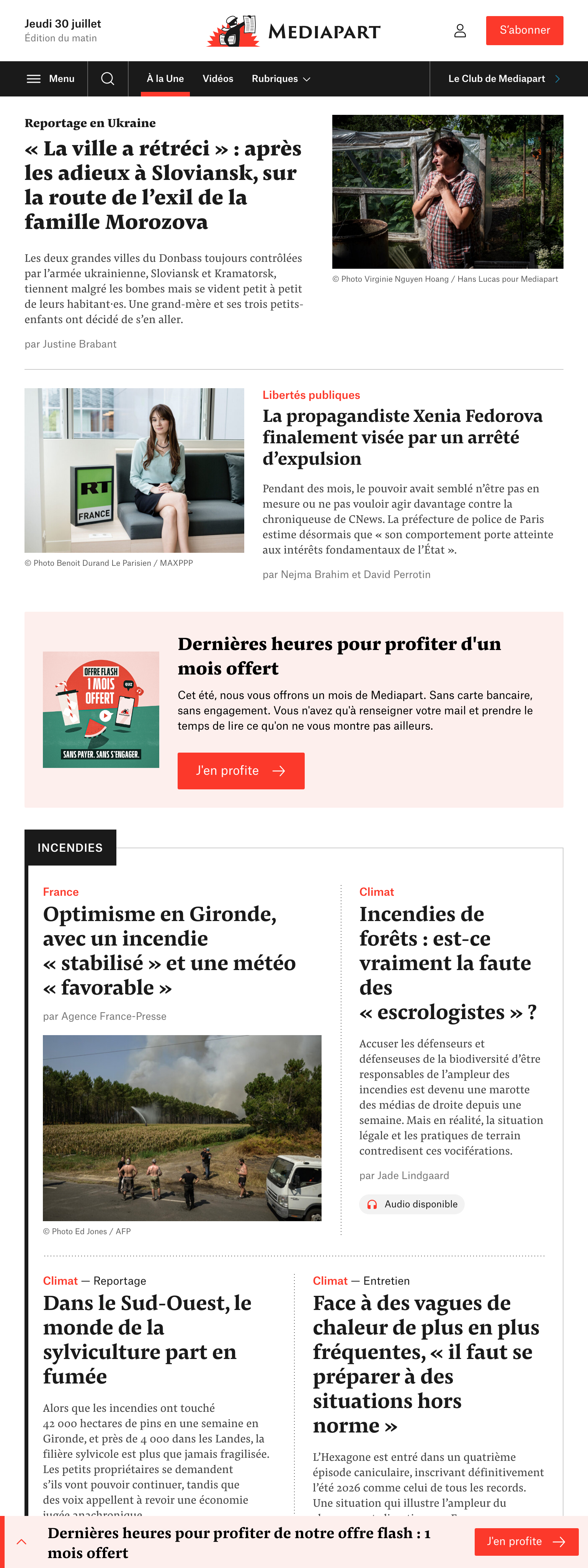 Screenshot of the Mediapart front page