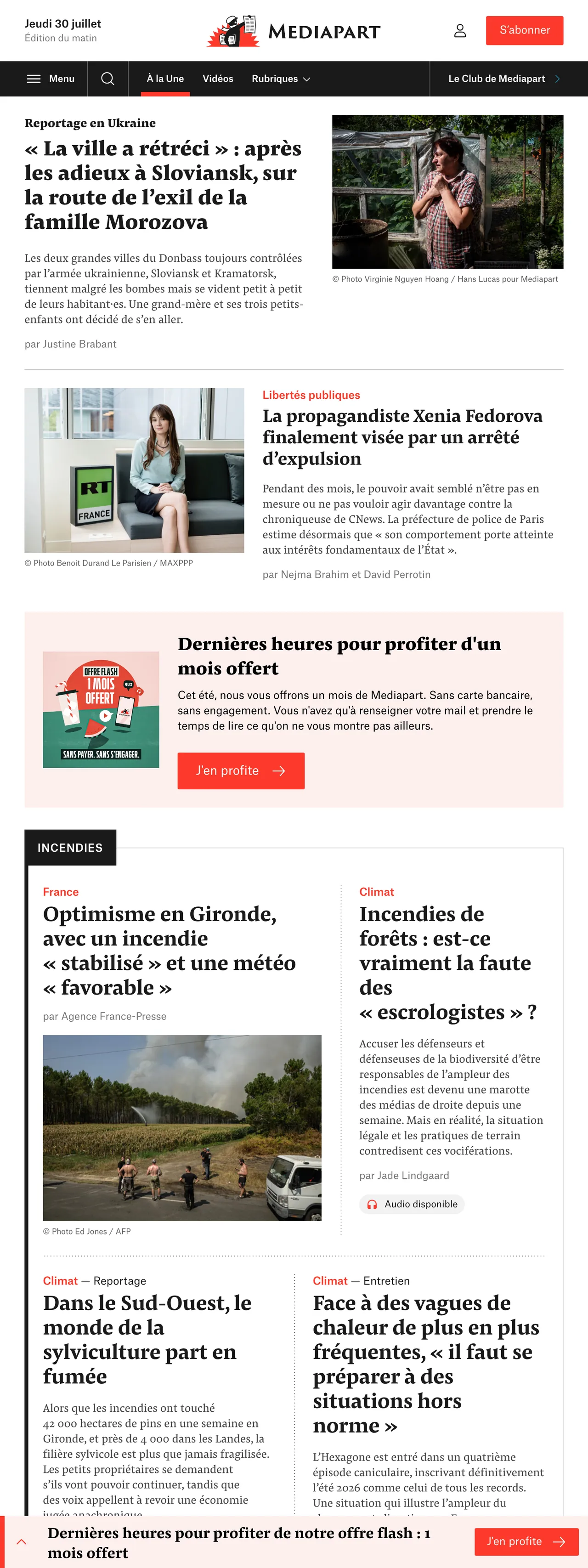 Screenshot of the Mediapart front page