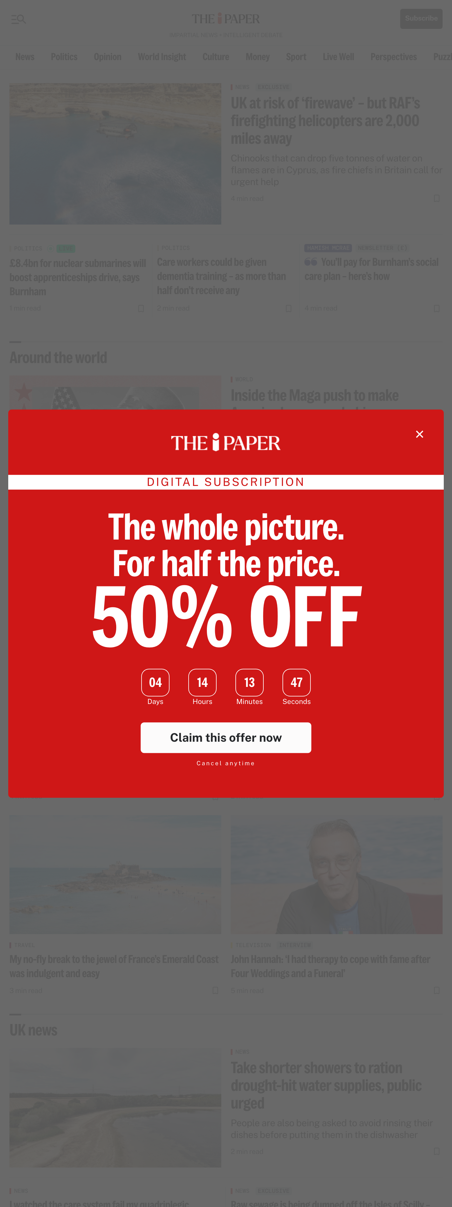 Screenshot of the The i Paper front page