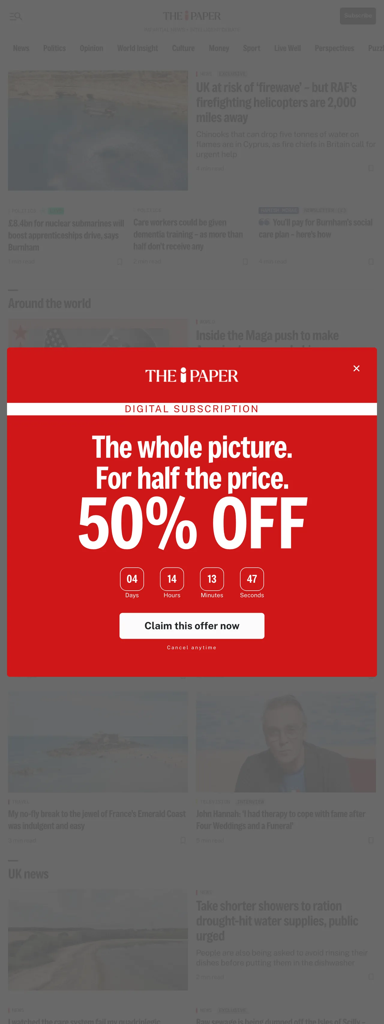Screenshot of the The i Paper front page