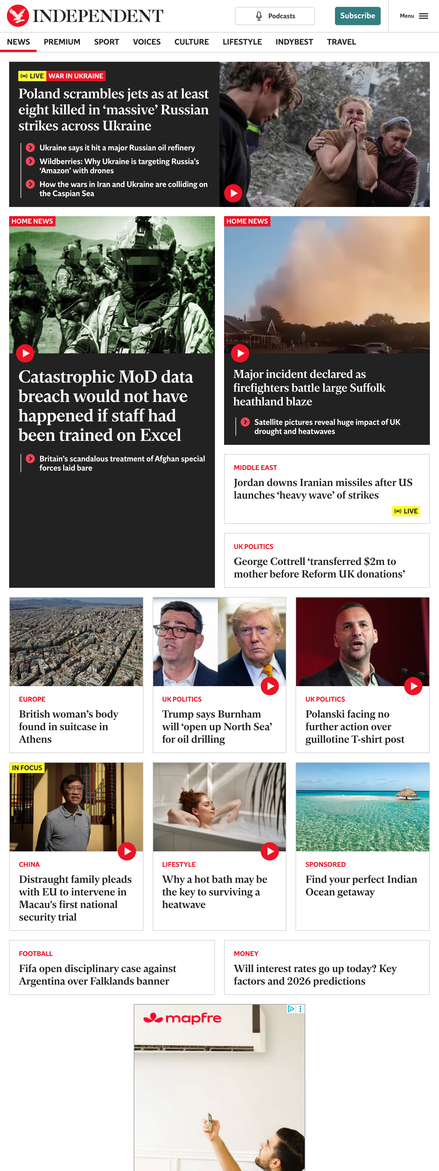 Screenshot of the The Independent front page