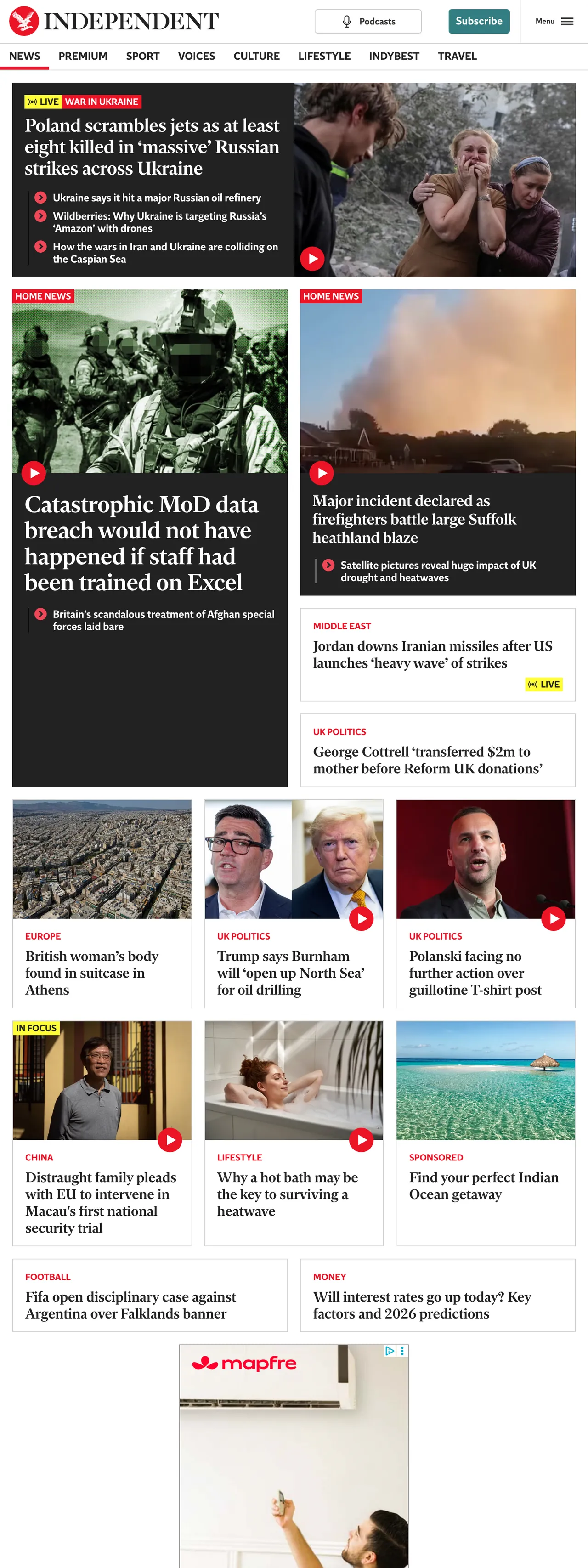 Screenshot of the The Independent front page