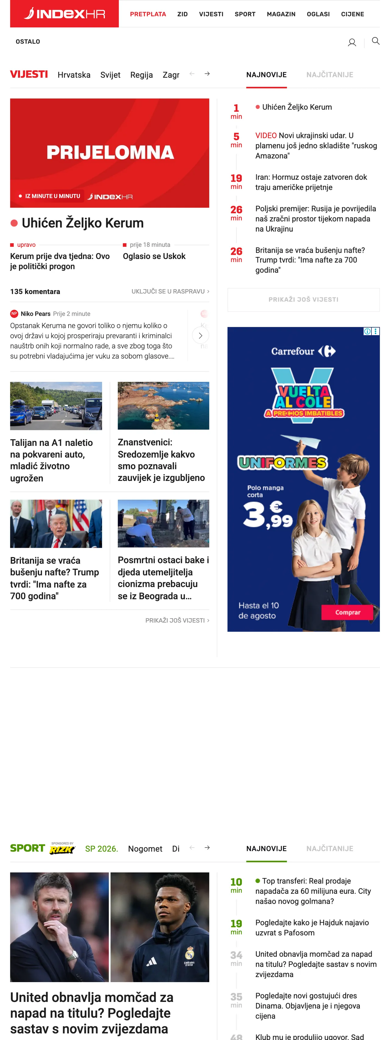 Screenshot of the Index.hr front page