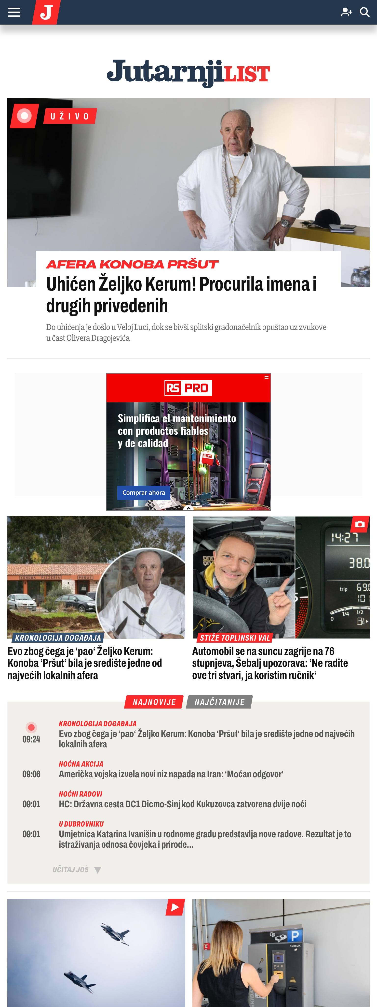 Screenshot of the Jutarnji list front page