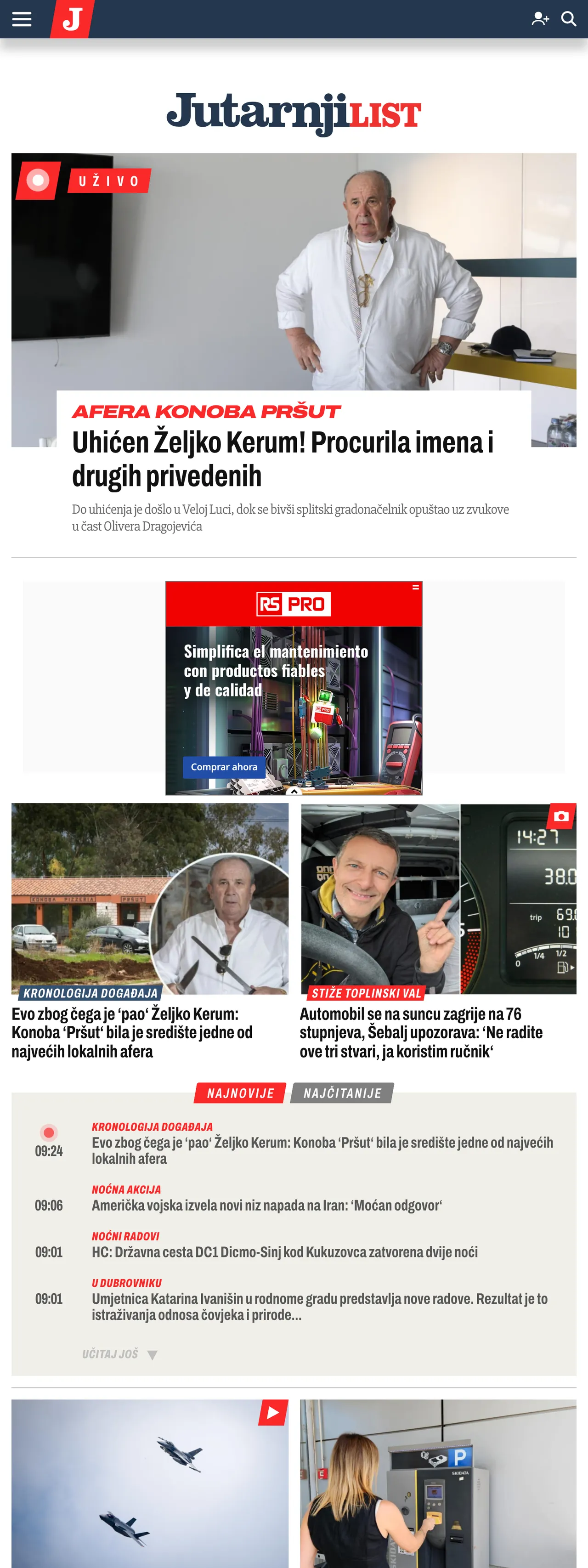 Screenshot of the Jutarnji list front page