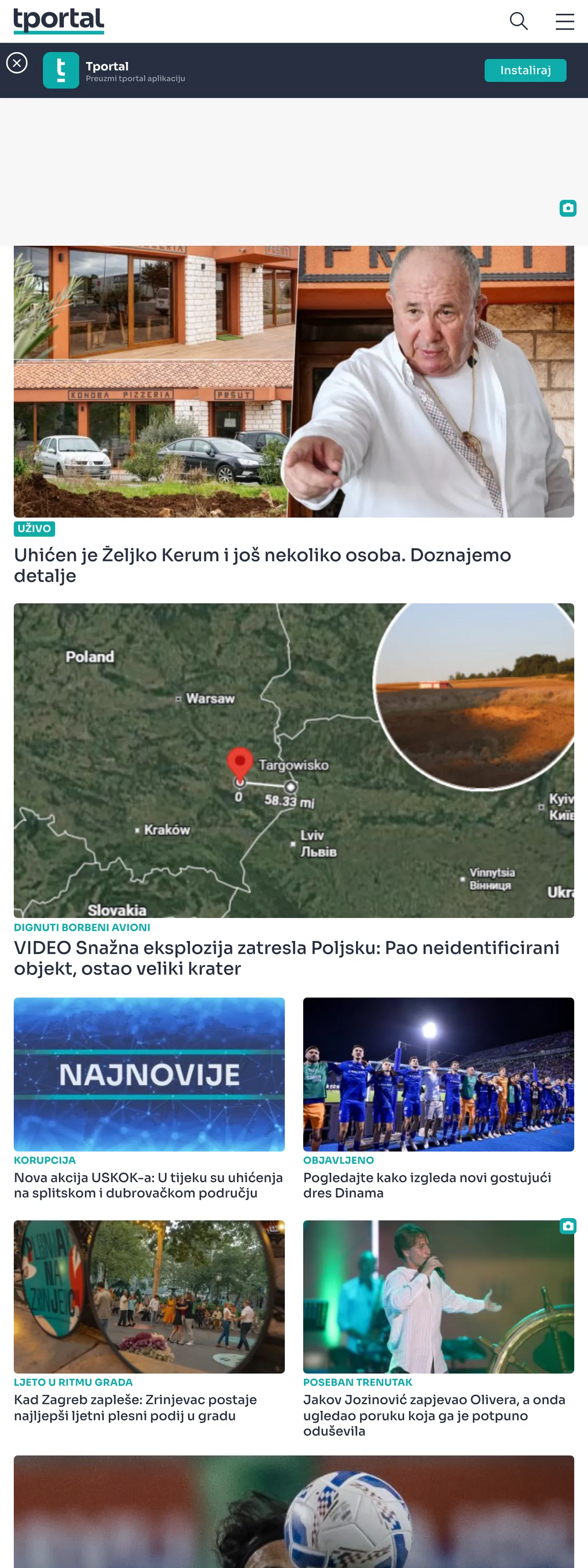 Screenshot of the tportal front page