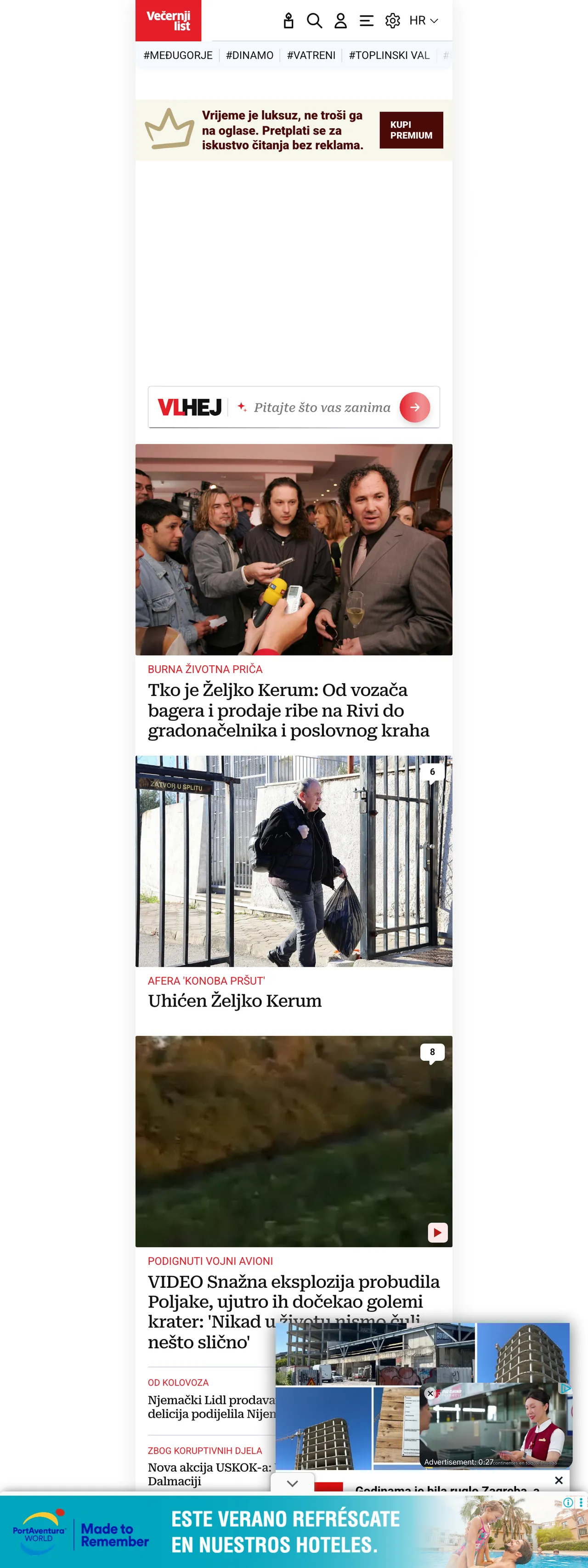 Screenshot of the Večernji list front page