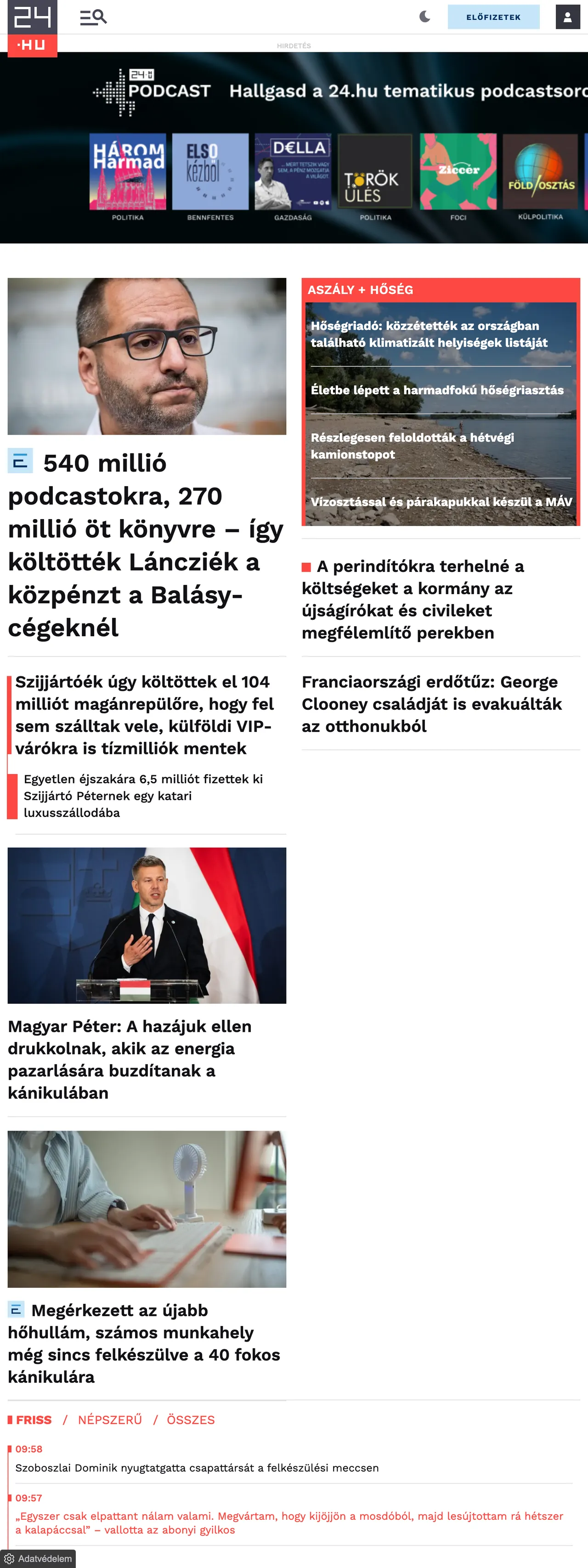 Screenshot of the 24.hu front page
