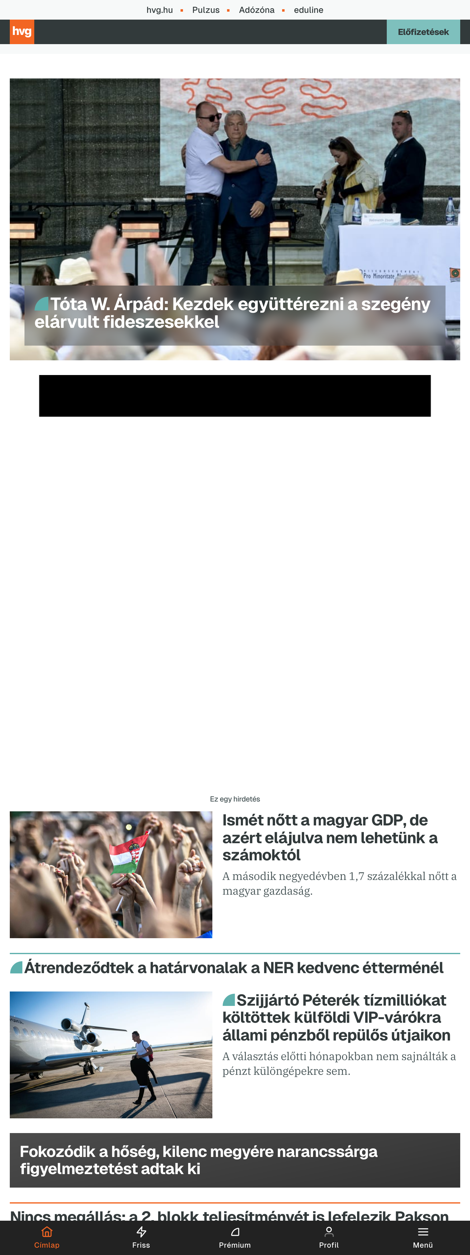 Screenshot of the HVG front page