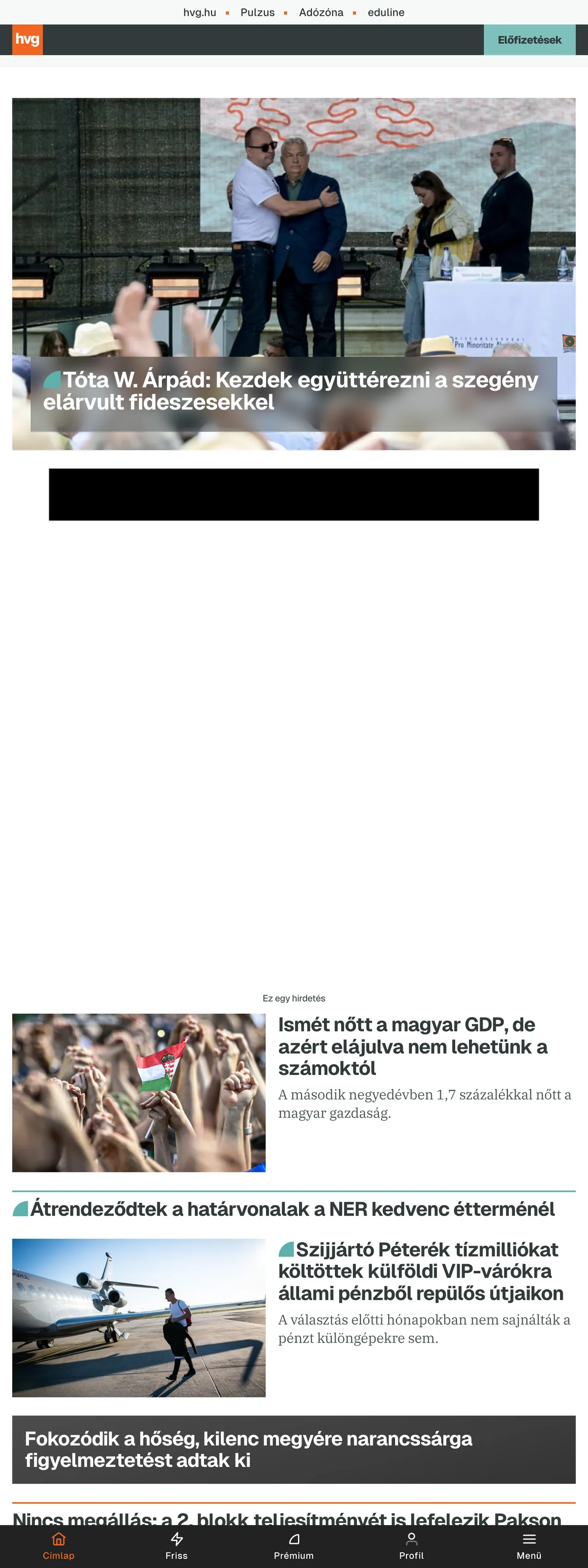 Screenshot of the HVG front page