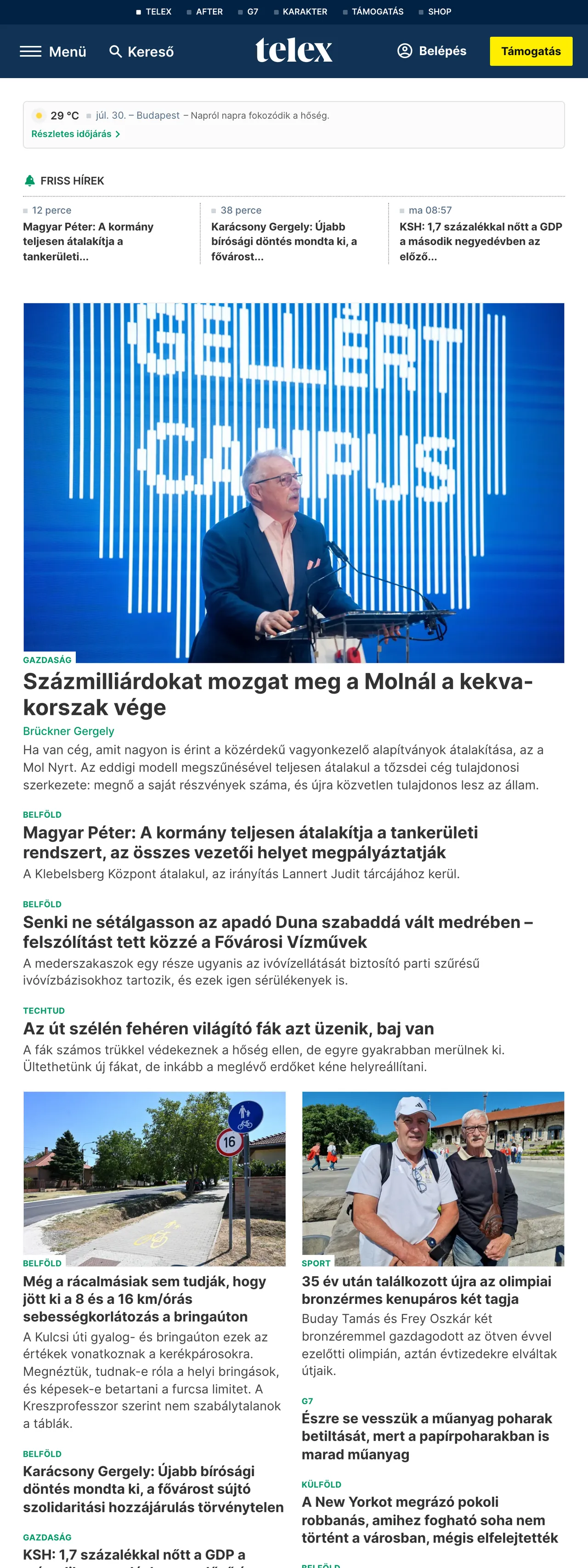 Screenshot of the Telex front page