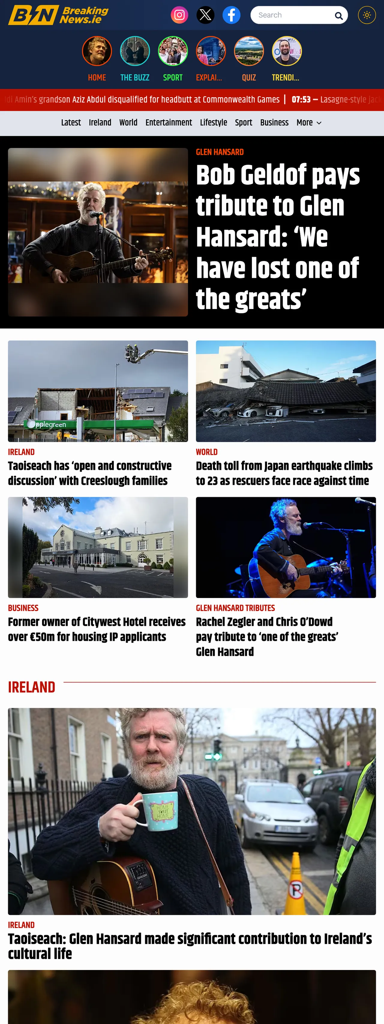 Screenshot of the BreakingNews.ie front page