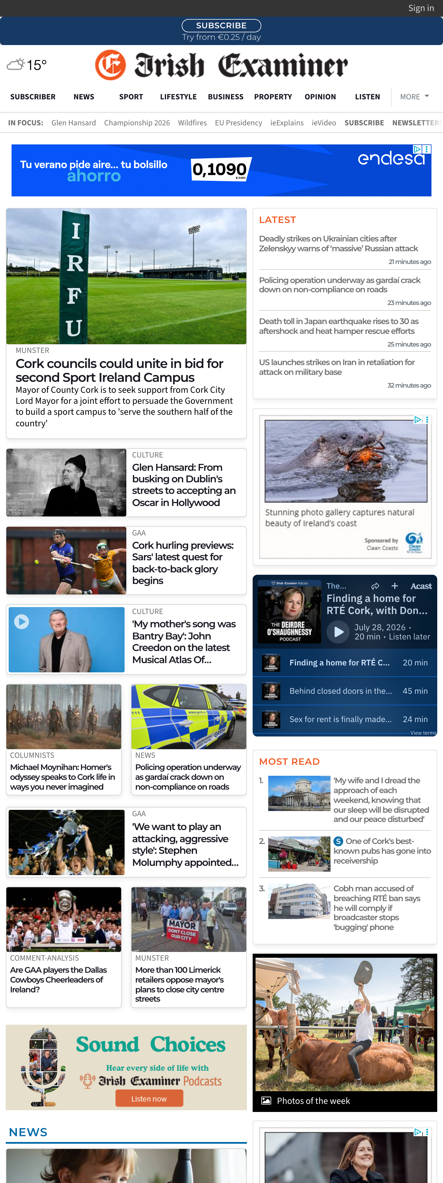 Screenshot of the Irish Examiner front page