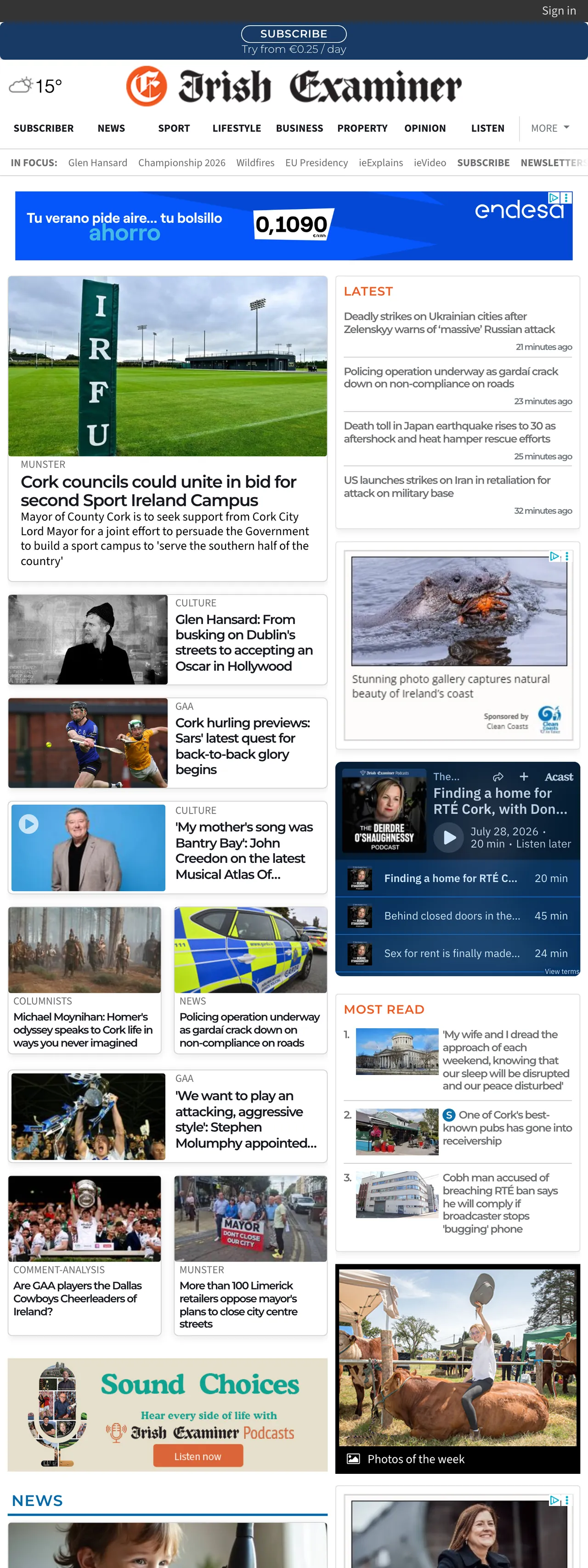 Screenshot of the Irish Examiner front page
