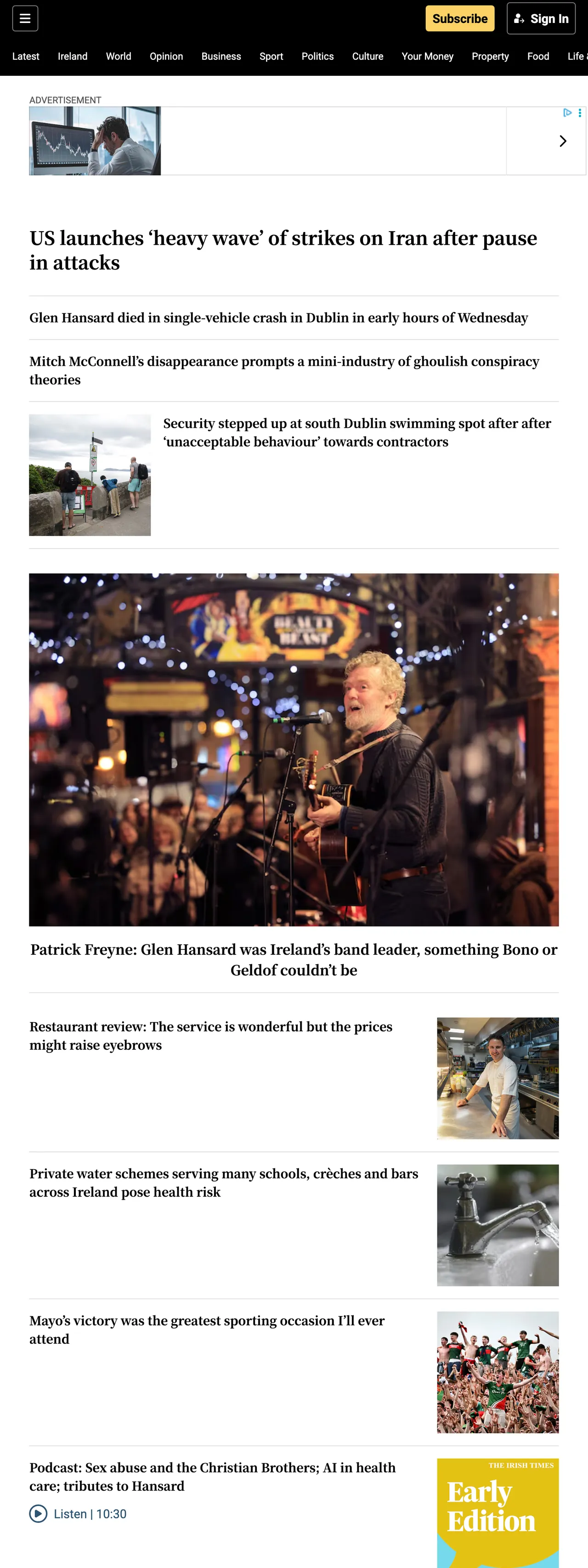 Screenshot of the The Irish Times front page