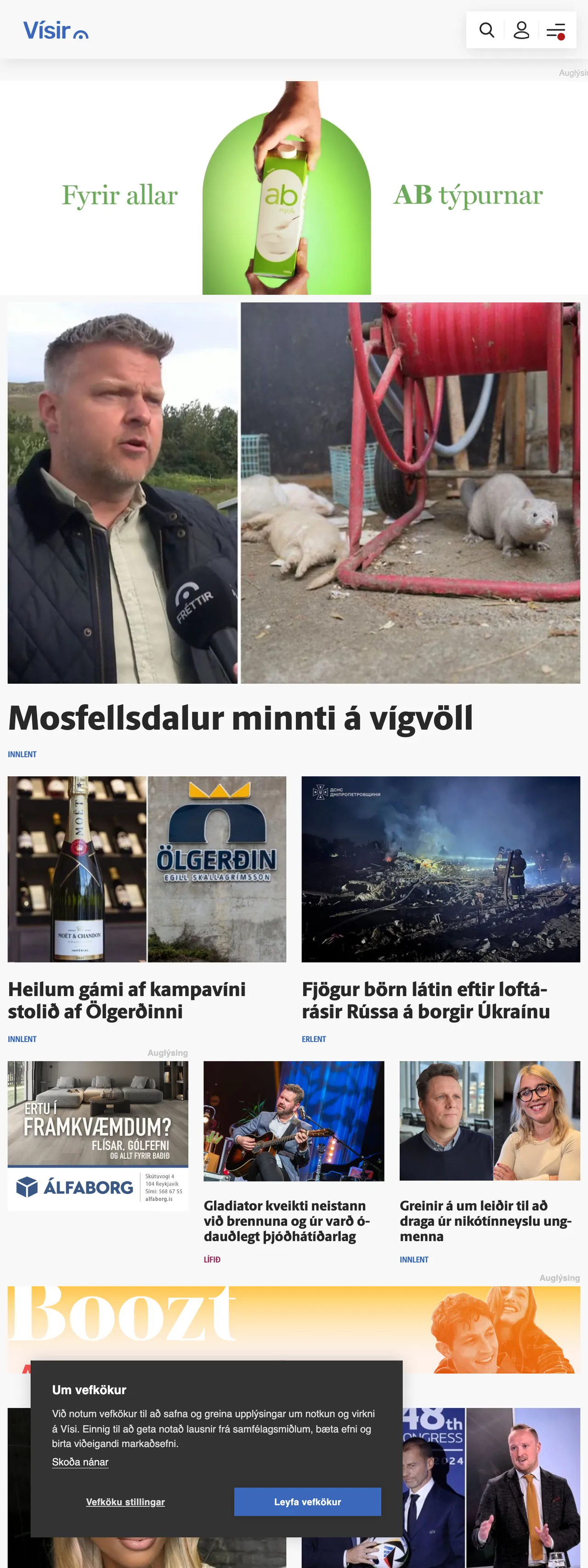 Screenshot of the Vísir front page