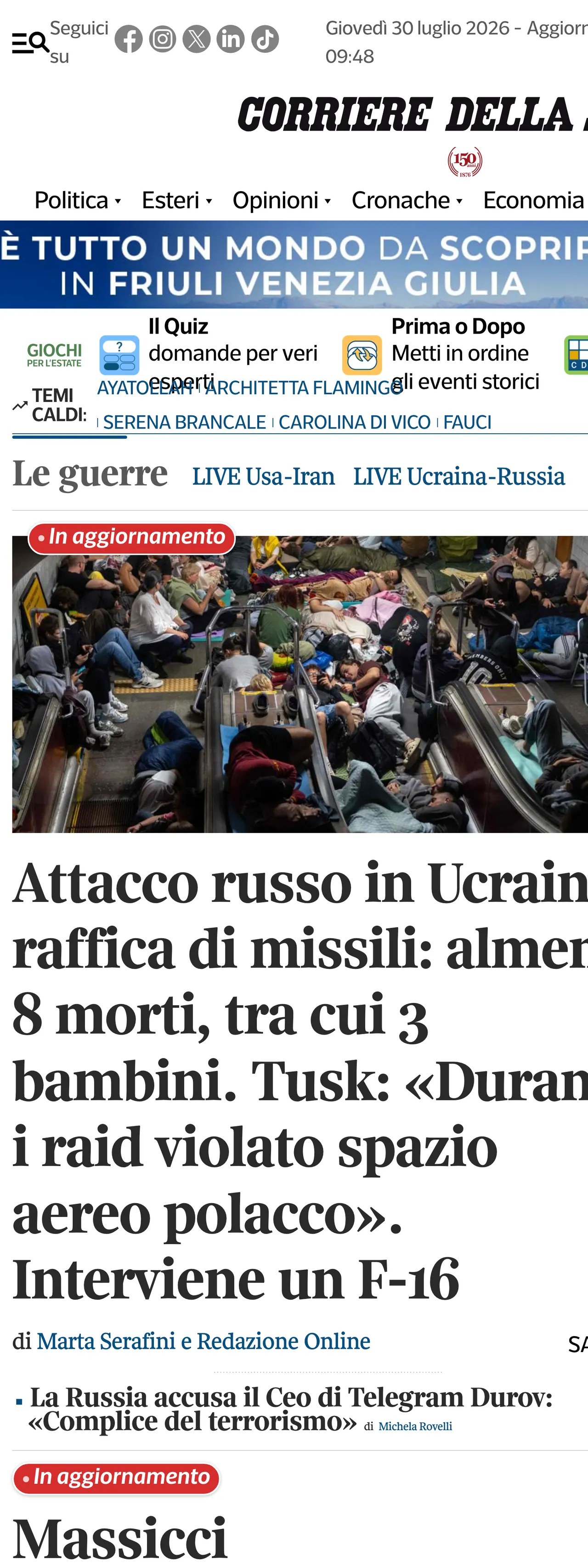 Screenshot of the Corriere della Sera front page