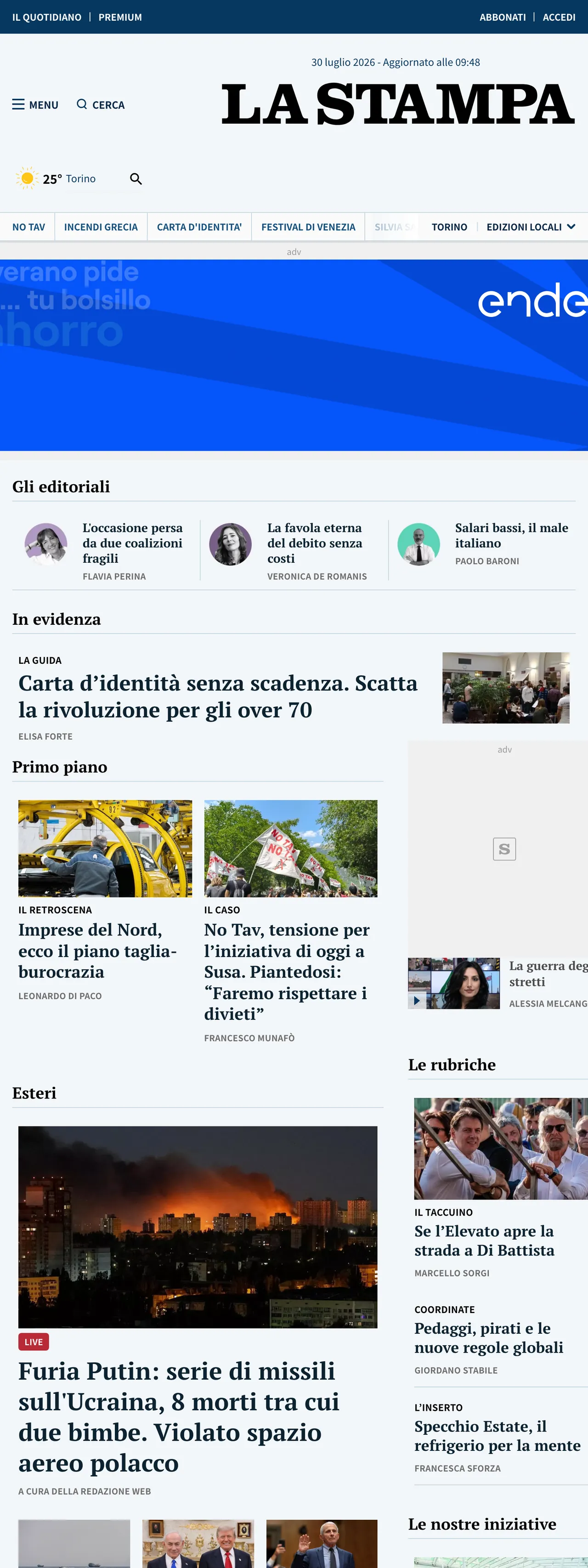 Screenshot of the La Stampa front page