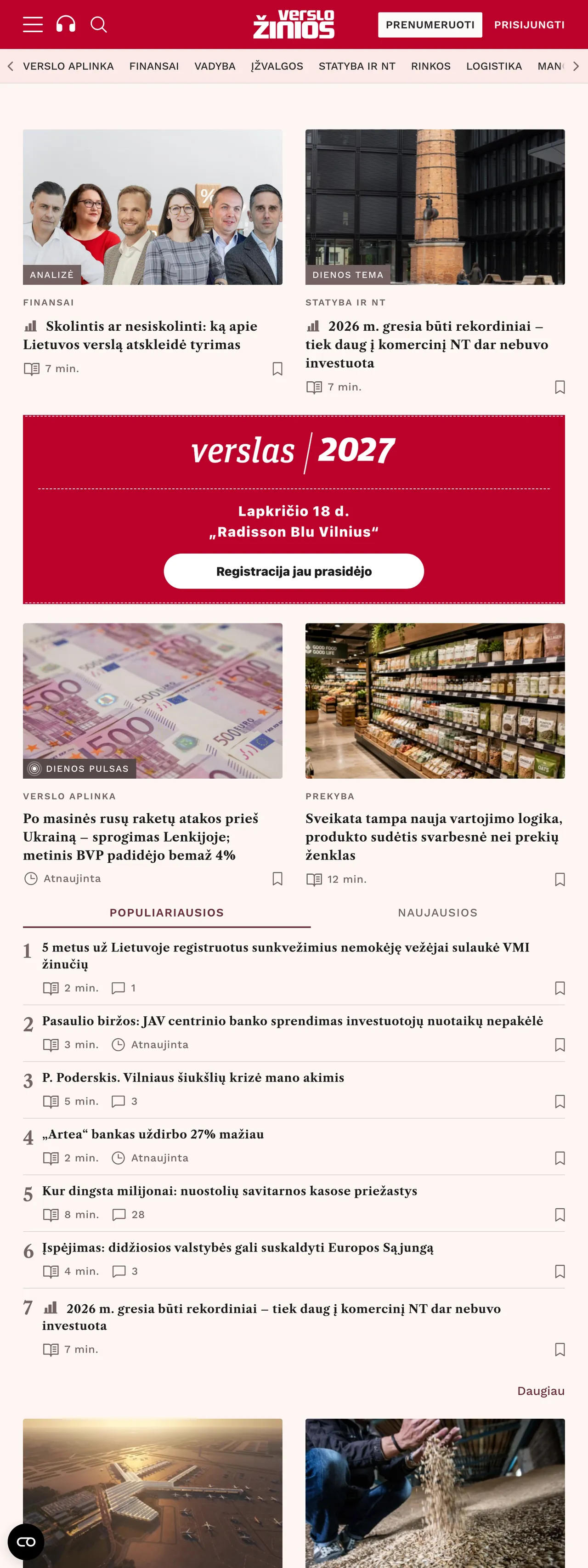 Screenshot of the Verslo žinios front page