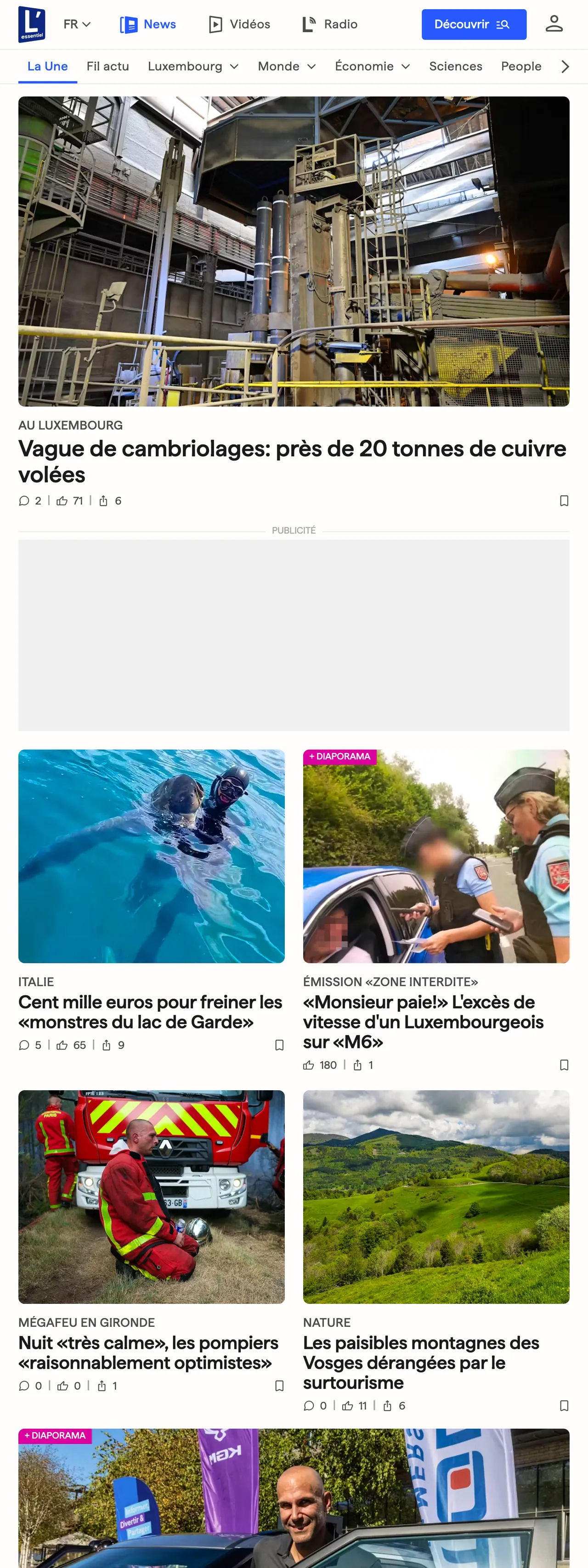 Screenshot of the L'essentiel front page