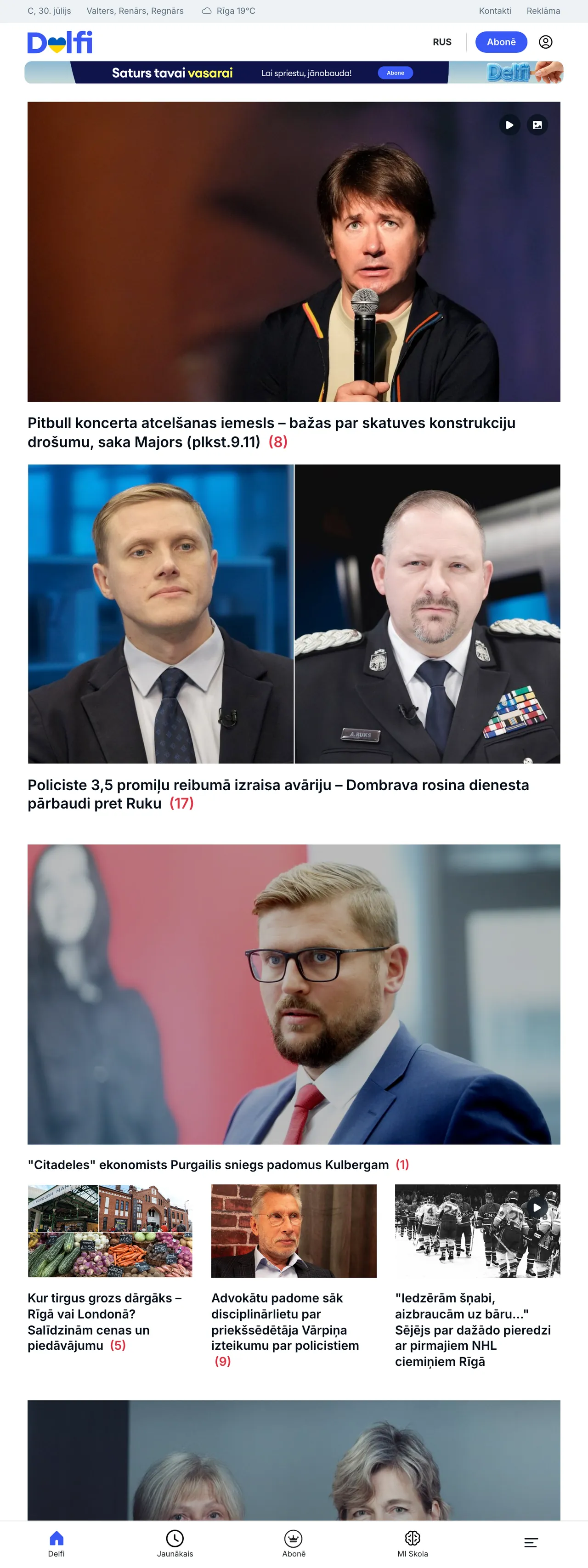 Screenshot of the Delfi front page