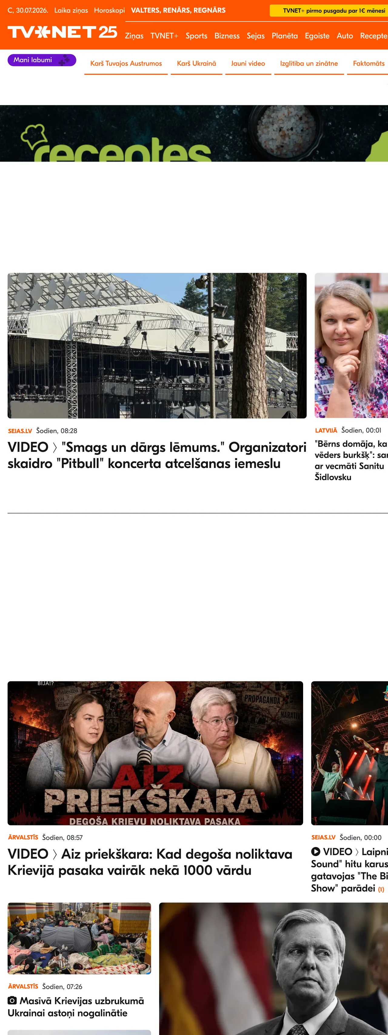 Screenshot of the TVNET front page