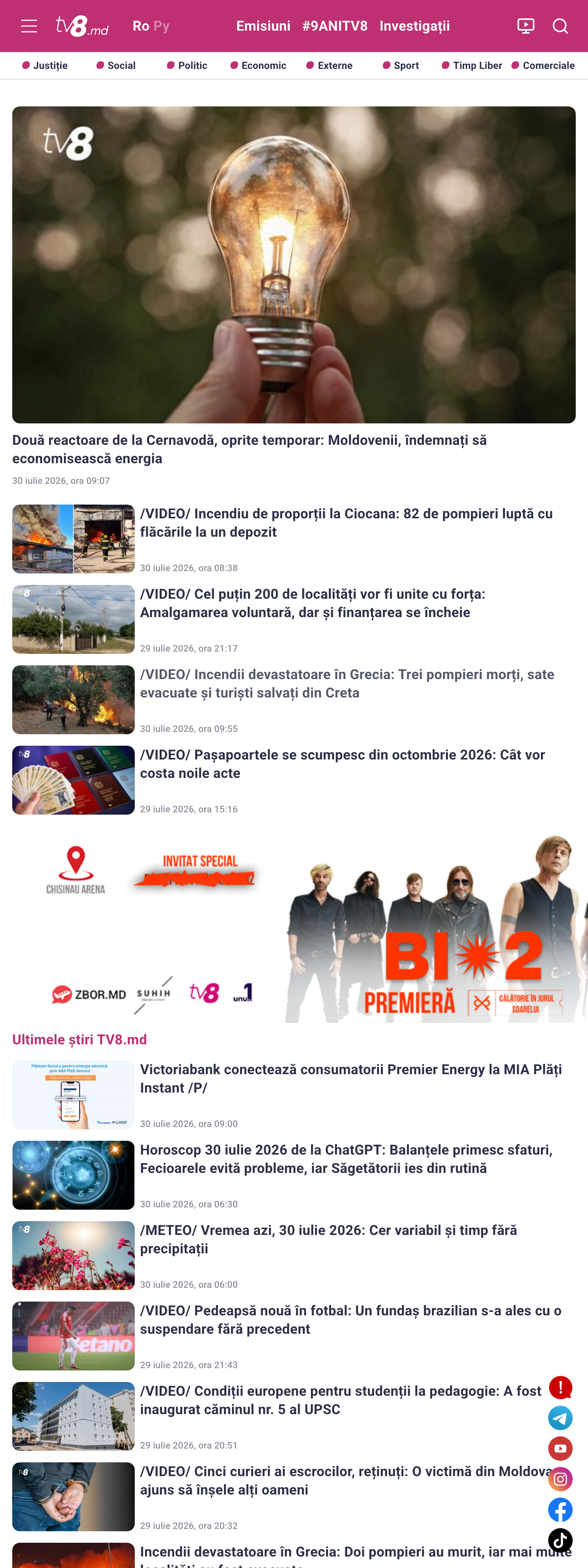 Screenshot of the TV8 front page